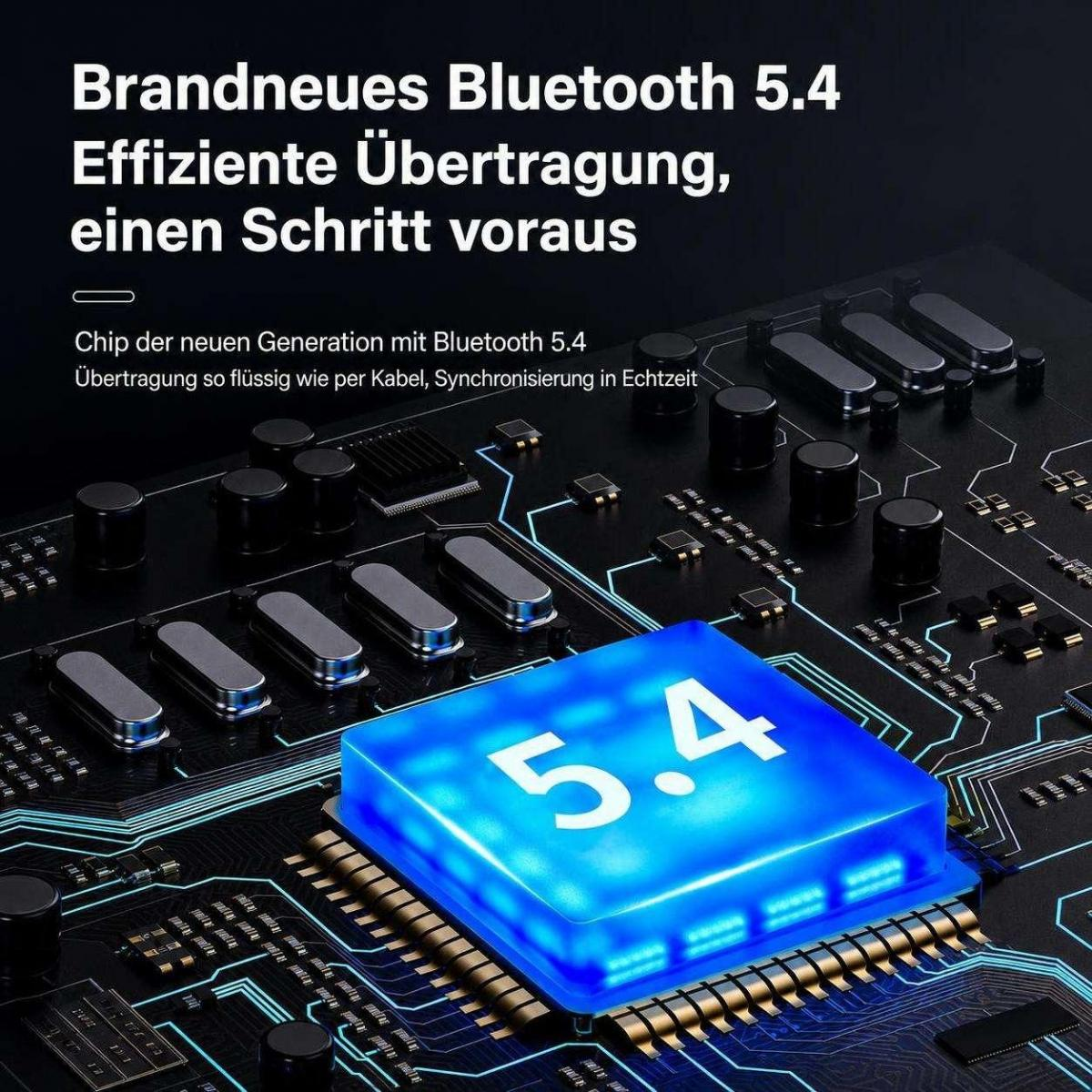 Eine schwarze Platine mit einem leuchtend blauen Chip mit der Aufschrift 5.4 und deutschem Werbetext oben.