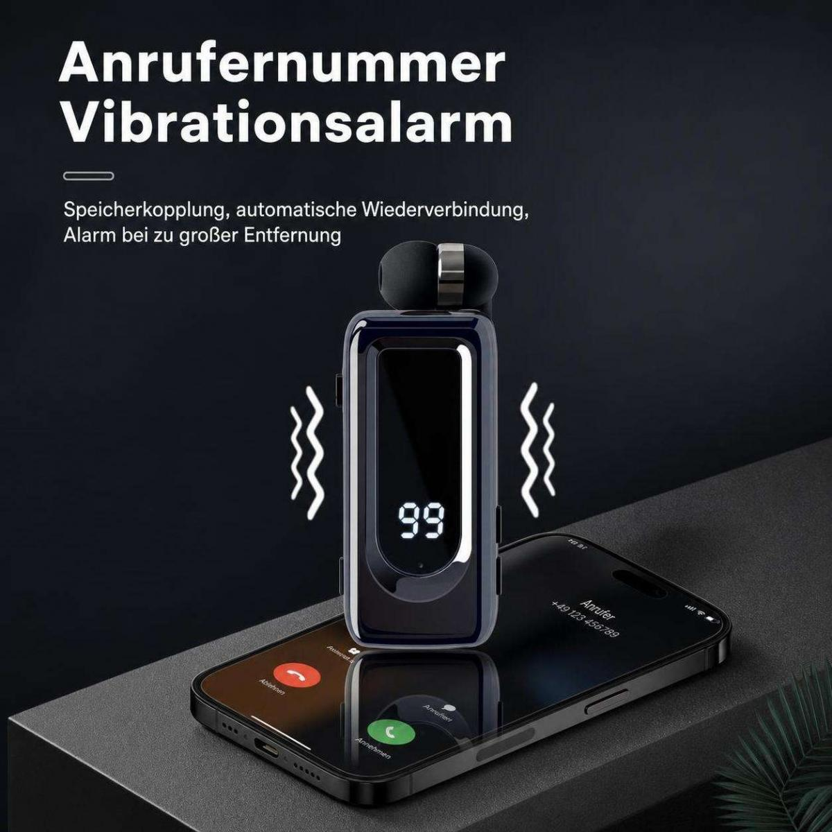 Ein tragbares Gerät mit Display steht auf einem Smartphone, das einen Anruf anzeigt.