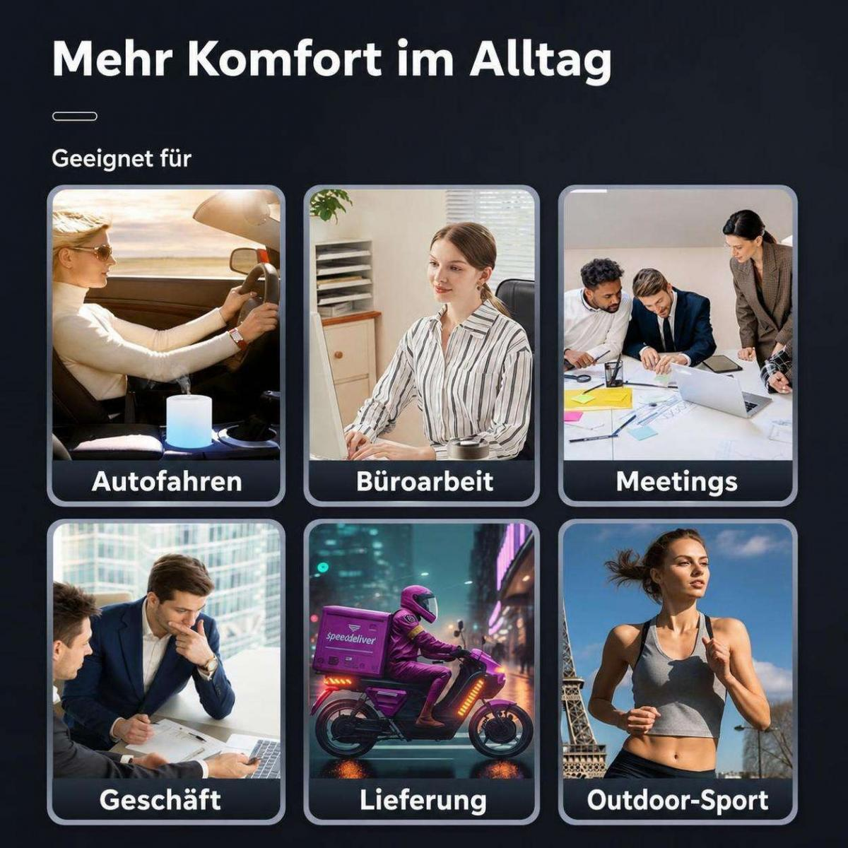 Sechs Bilder zeigen Anwendungsbereiche wie Auto, Büro, Meetings, Geschäft, Lieferung und Outdoor-Sport.