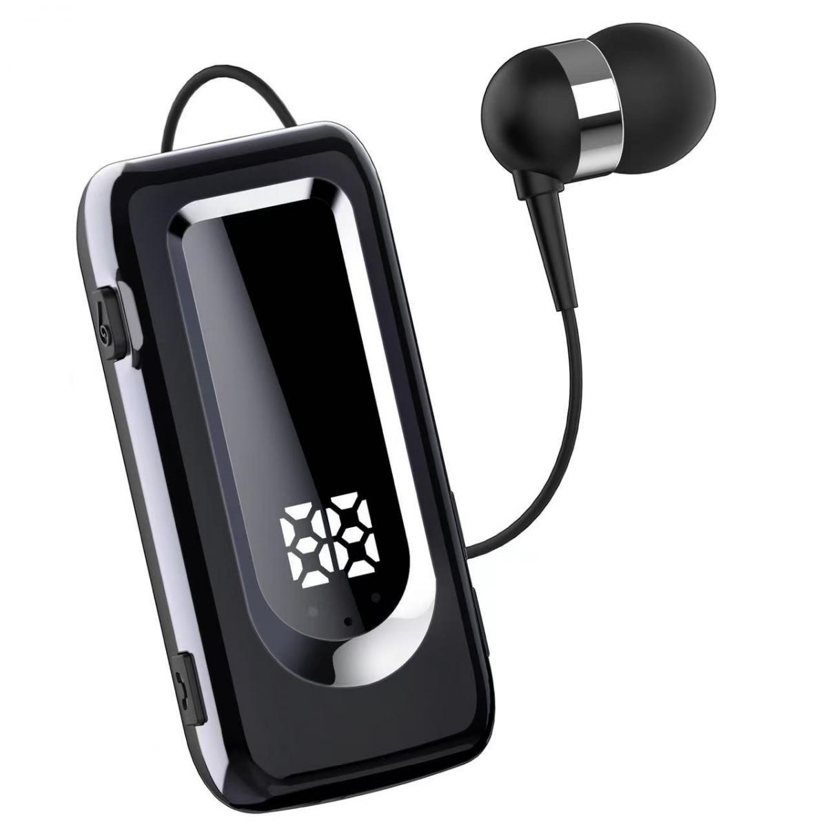 Schwarzes und silbernes Bluetooth-Headset mit Ladeetui und integriertem Ohrhörer.
