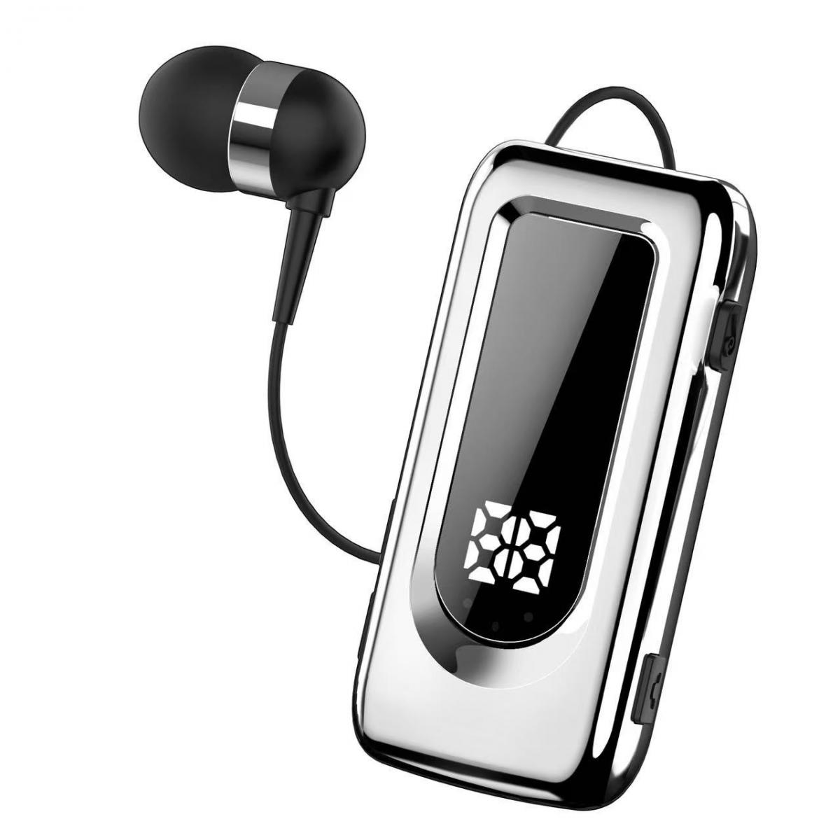 Ein silberner Bluetooth-Clip mit einem schwarzen Ohrhörer auf weißem Hintergrund.