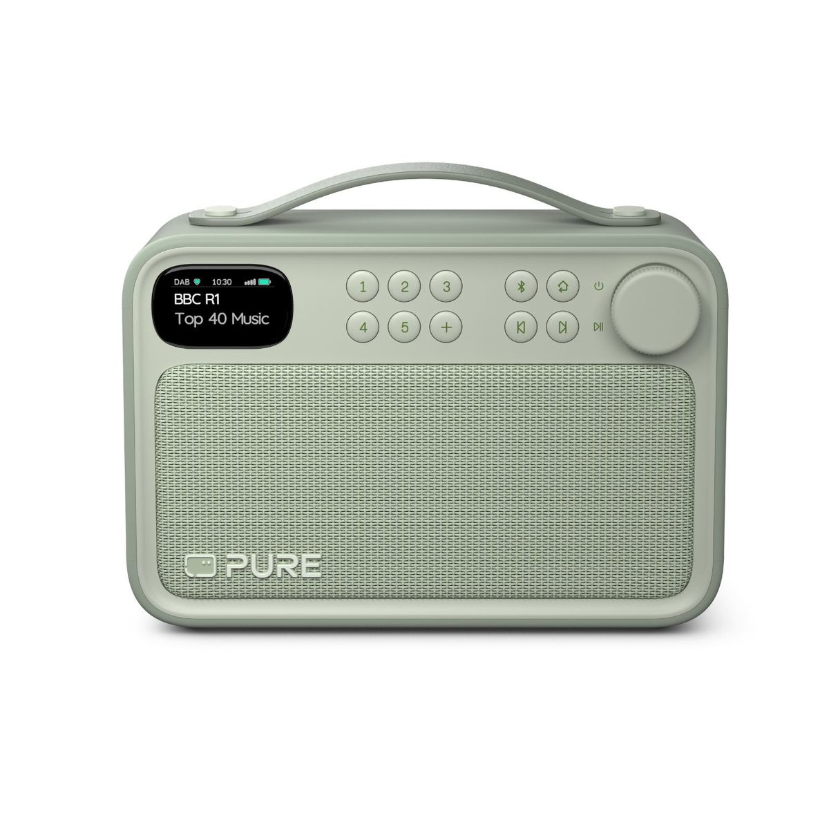 Radio portátil Pure verde salvia con pantalla digital, botones preestablecidos, rejilla y asa superior.