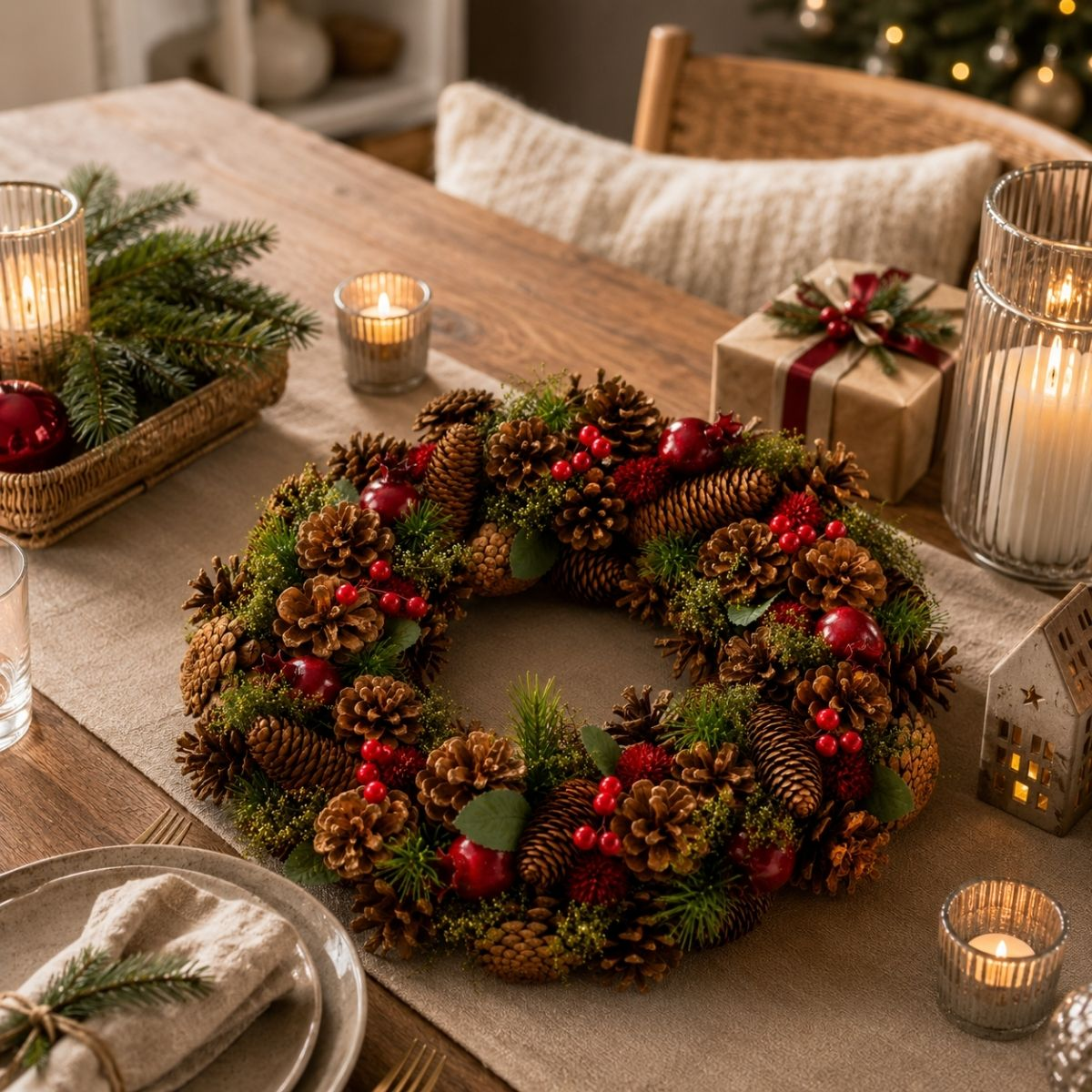A wooden table with a Christmas wreath made of pinecones and red berries, surrounded by candles and gifts.