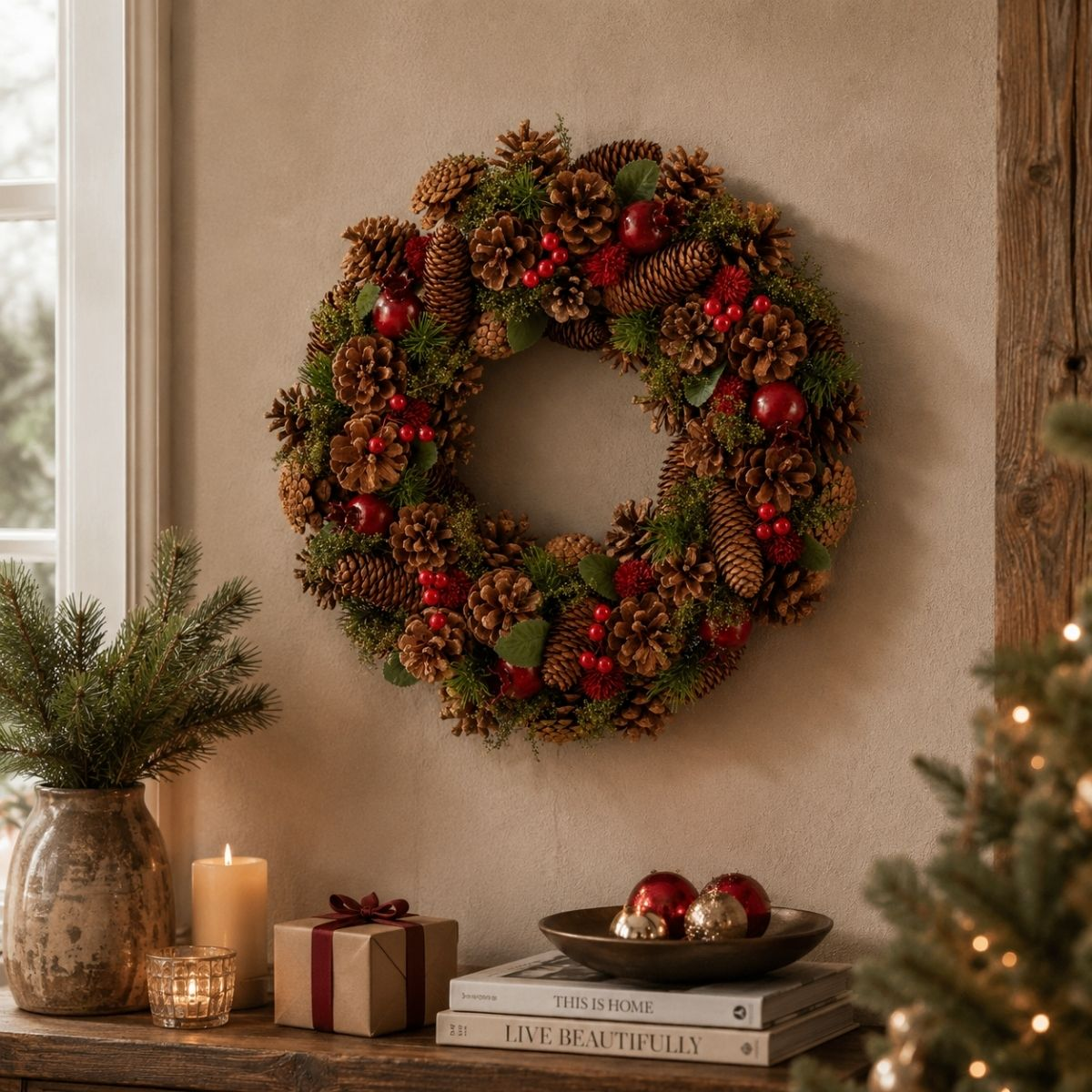 A rustic pinecone wreath with red berries hangs on a wall above a table with a candle, gifts, and books.