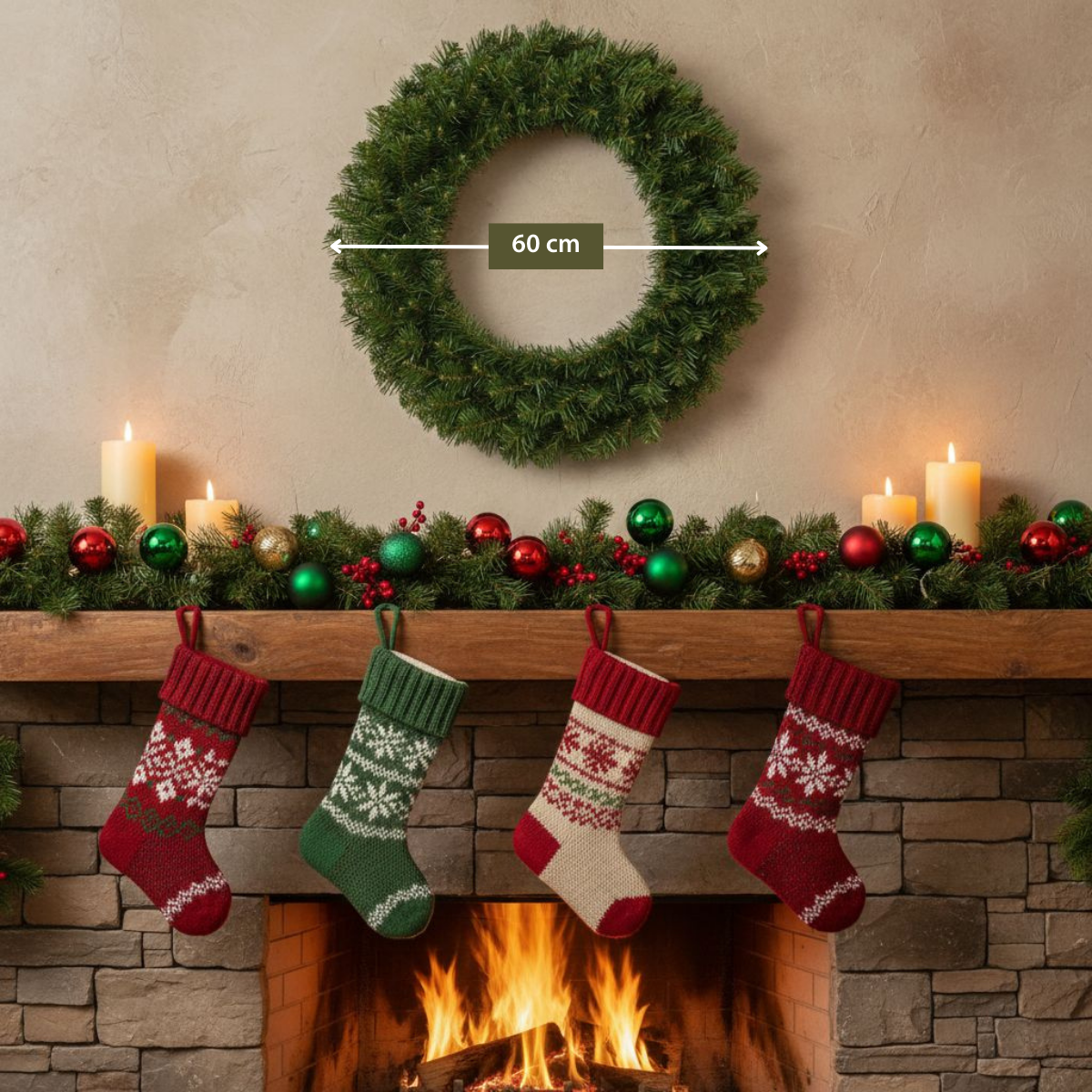 A 60cm Christmas wreath hangs above a mantelpiece with four stockings, lit candles, and pine garland.