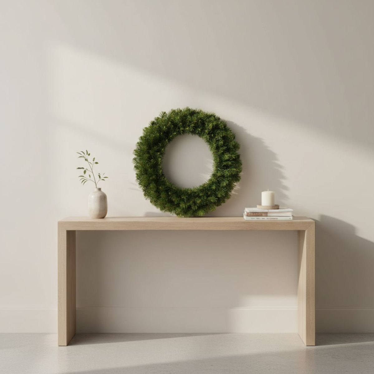 A wooden console table against a white wall holds a green pine wreath, a small vase with a green twig, and a lit candle.