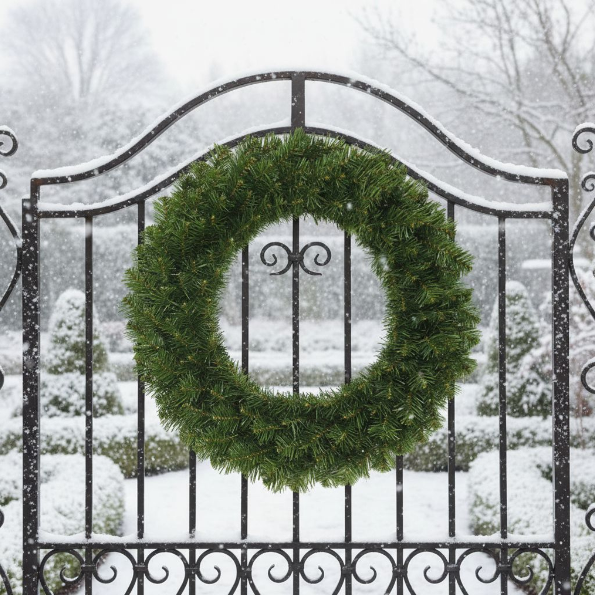A green Christmas wreath hangs on a black metal gate in the snow, with a snowy garden in the background.