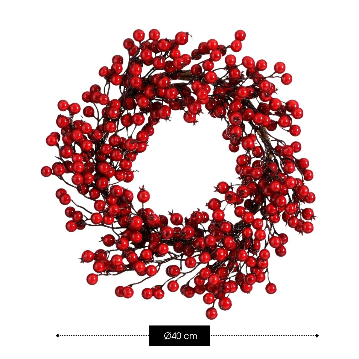 A decorative Christmas wreath made of glossy red berries on brown twigs, with a diameter of 40 cm.