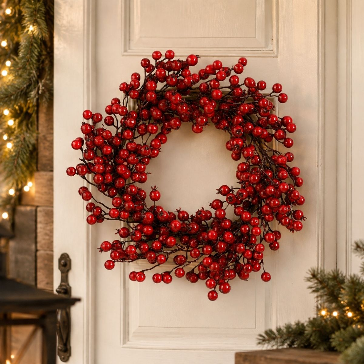 A vibrant red berry wreath hangs on a white wooden door.