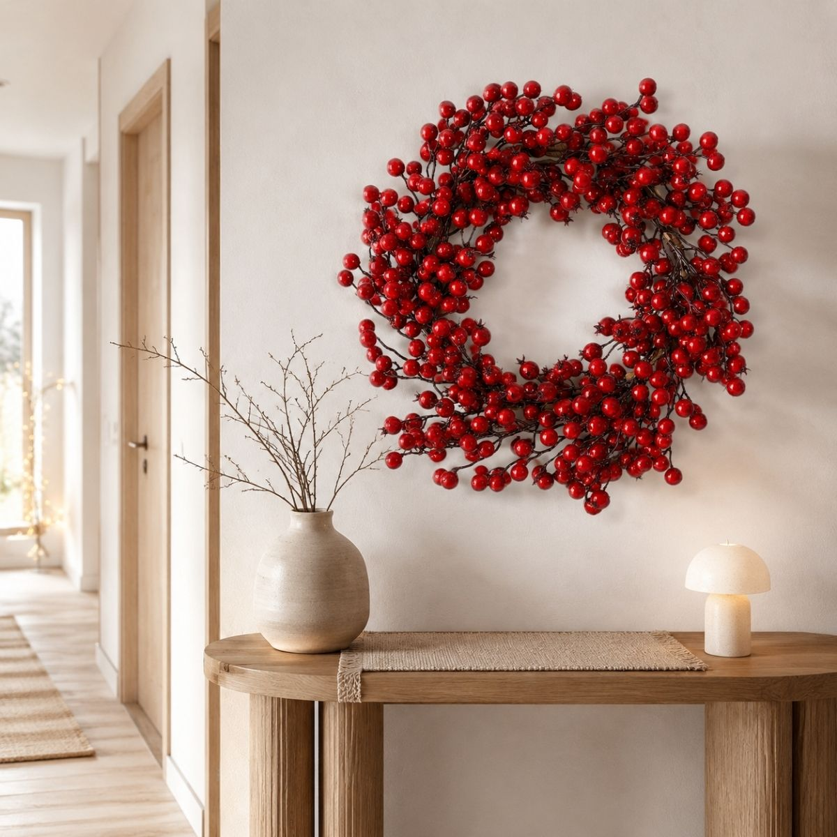 A vibrant red berry wreath hangs on a white wall above a wooden console table with a vase and small lamp.