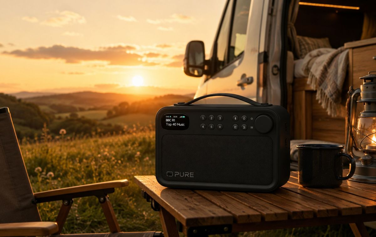 Un altavoz Pure negro sobre una mesa de madera al aire libre con una autocaravana al atardecer.