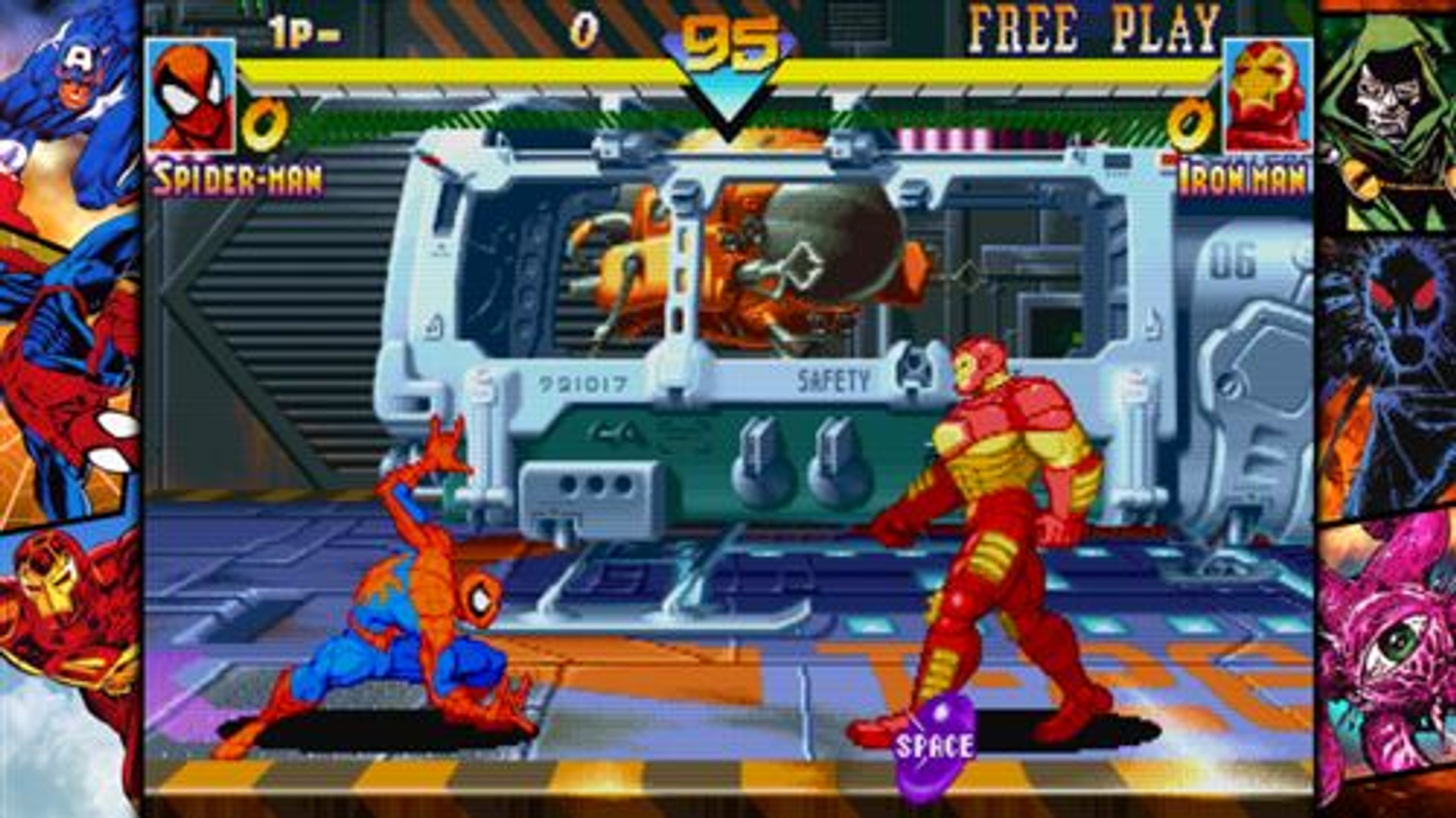 Scena di un videogioco retro con Spider-Man e Iron Man uno di fronte all'altro davanti a una grande macchina.