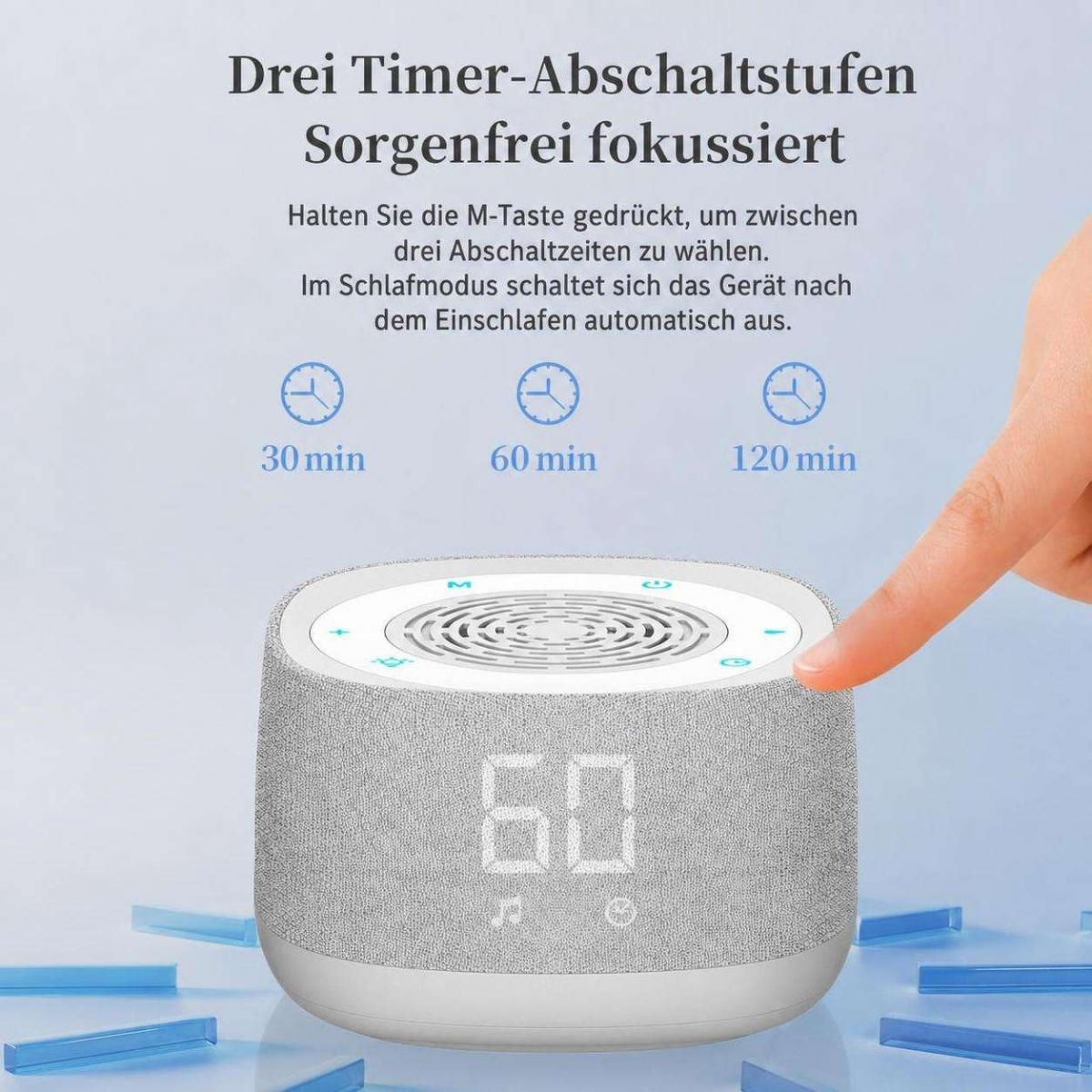 Weißer Sound-Generator mit LED-Anzeige zeigt 60 Minuten Timer-Funktion.
