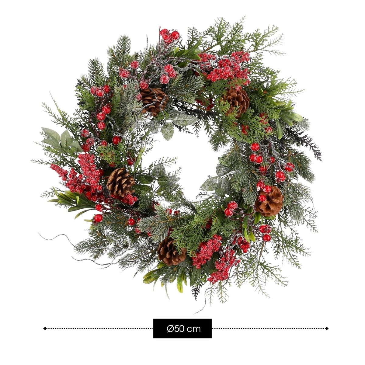 A 50 cm Christmas wreath made of fir greenery, red berries, and pinecones.