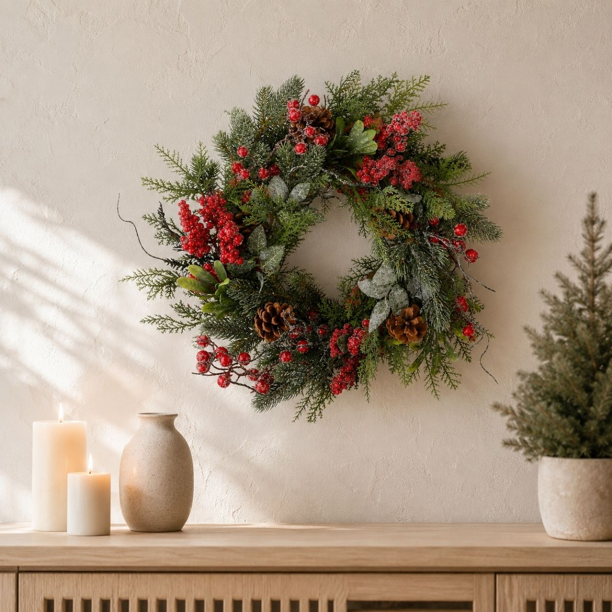 A Christmas wreath with red berries and pinecones on a beige wall, next to candles and a small potted tree.