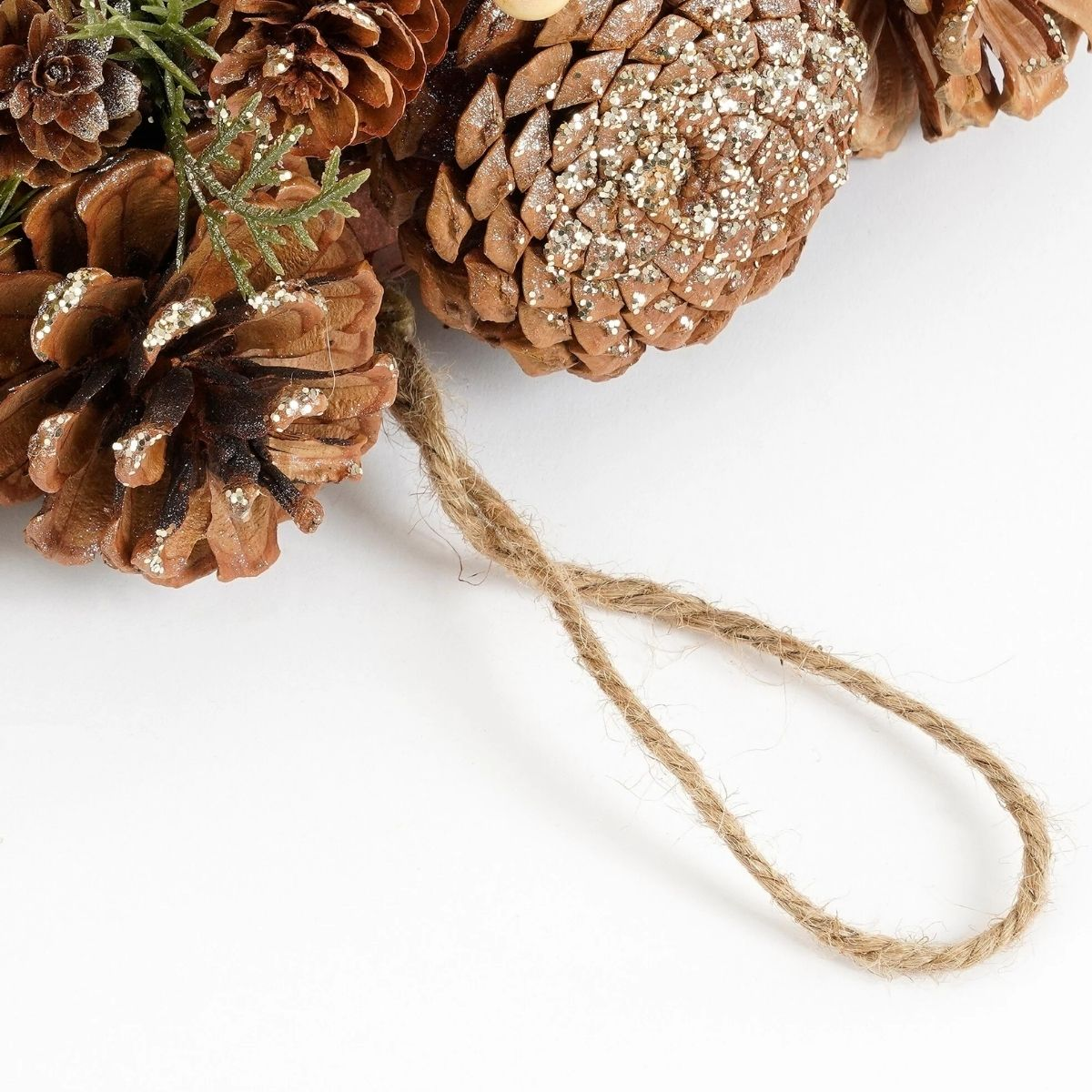 Glittering pinecones with green twigs and a jute hanging cord on a white background.