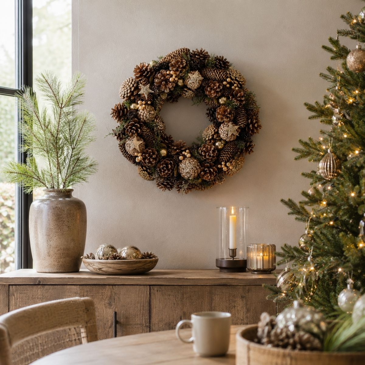 A wooden sideboard featuring a pinecone wreath, vases, candles, and a Christmas tree in a cozy room.
