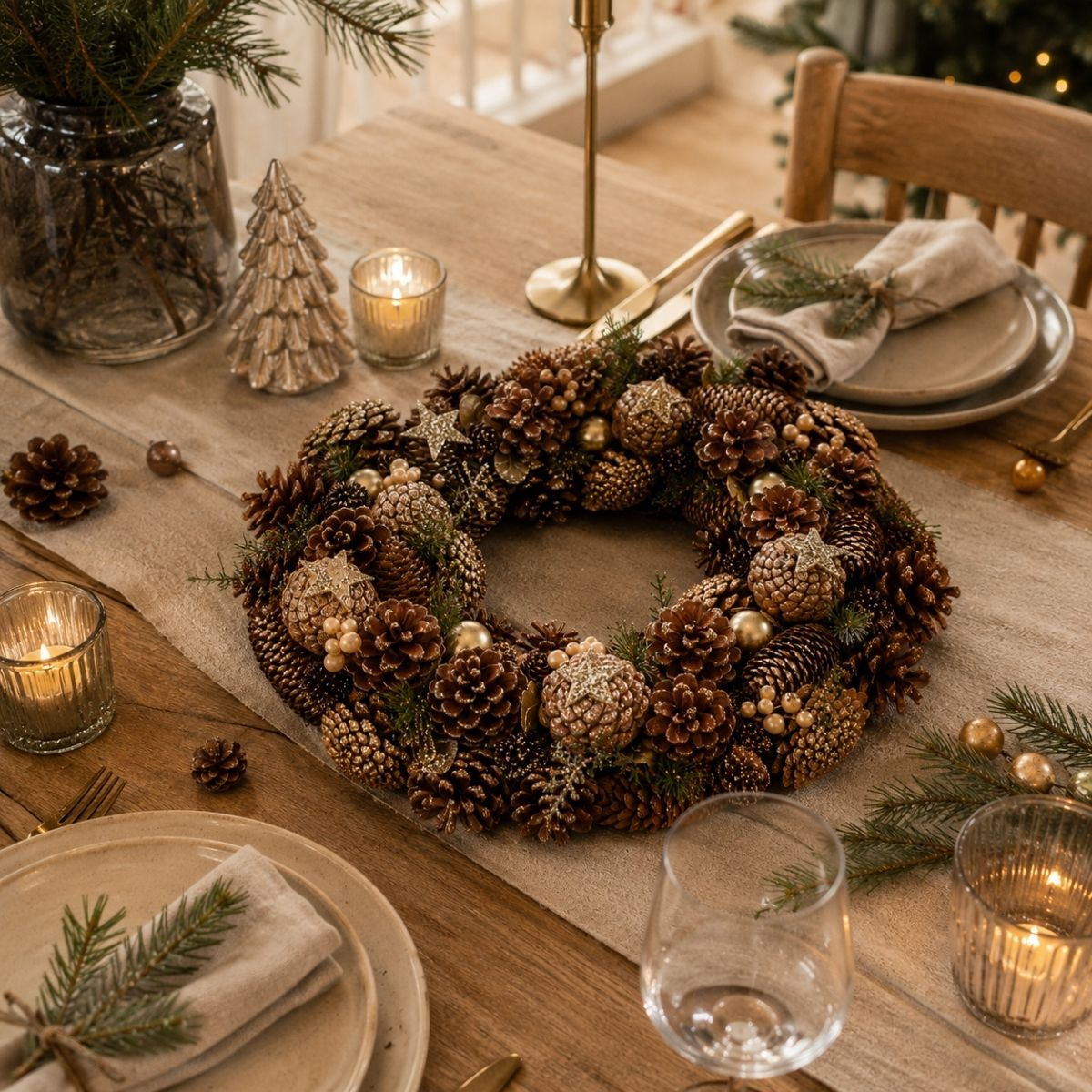 A wooden table featuring a large pinecone wreath, lit candles, plates, and festive decor.