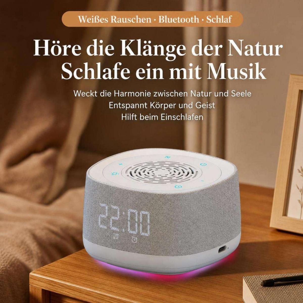 Ein weißer Soundmachine-Wecker mit Uhrzeit 22:00 und bunten Lichtern steht auf einem Holzschreibtisch vor einer Wand.