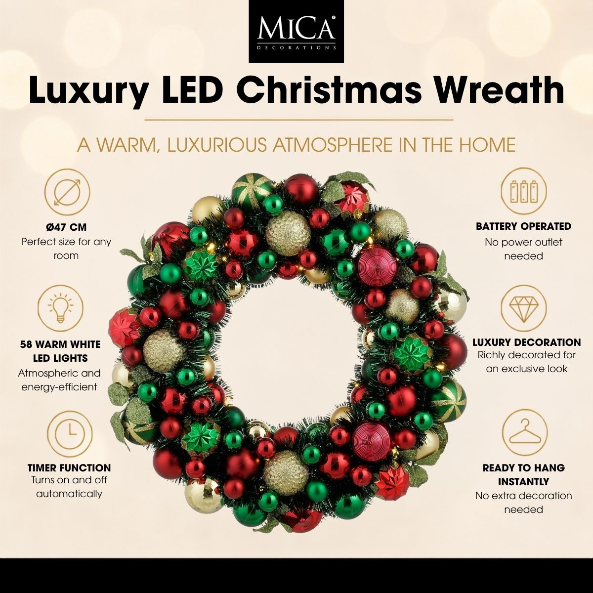 Luxury LED Christmas wreath adorned with red, green, and gold baubles and text details.