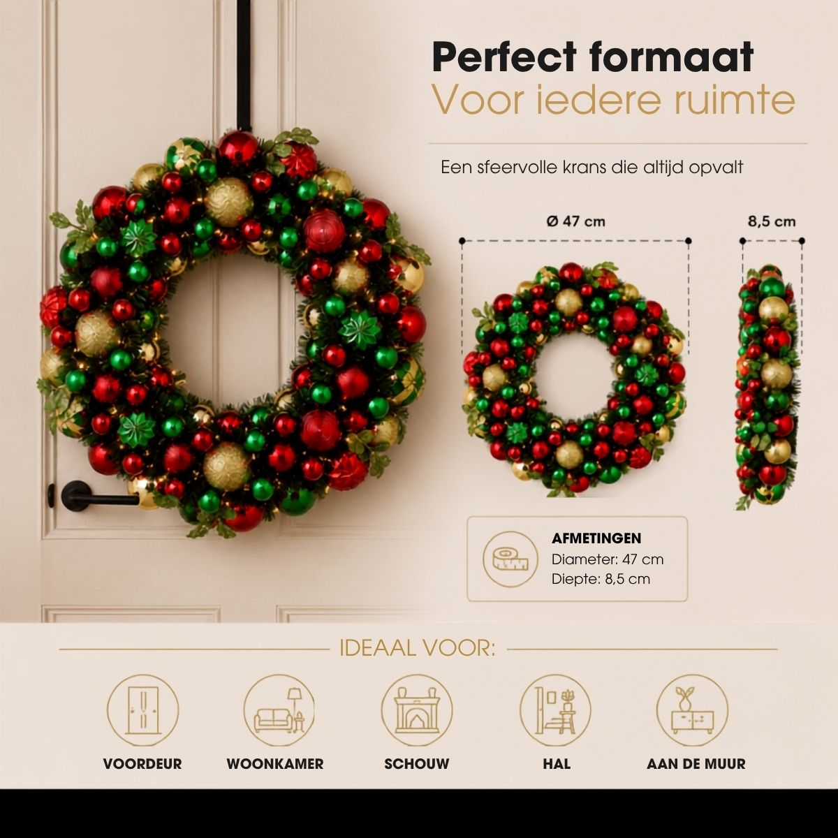 Red, gold, and green Christmas wreath on a door with dimensions and location icons.
