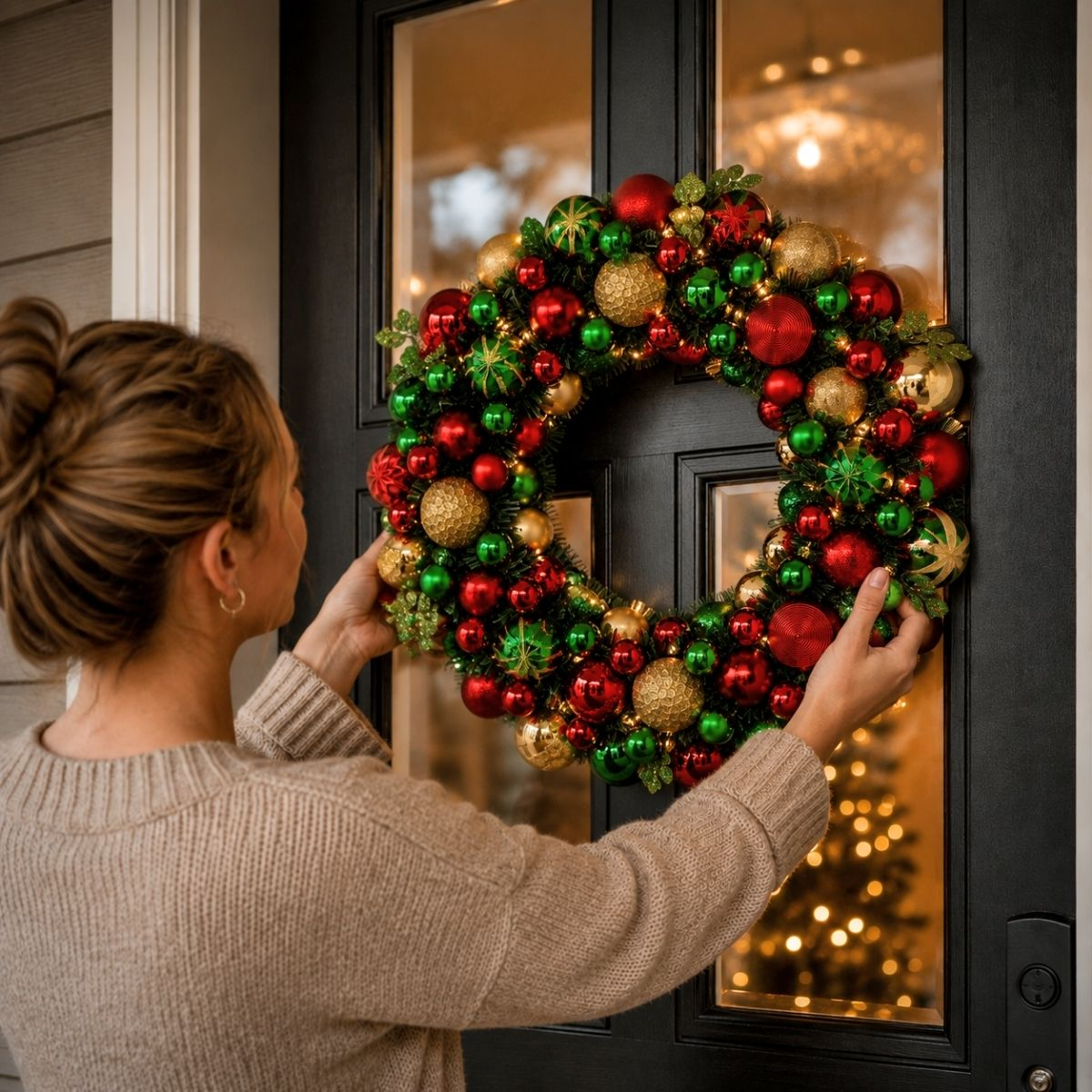 A woman in a beige sweater hangs a Christmas wreath with red, green, and gold ornaments on a black front door.