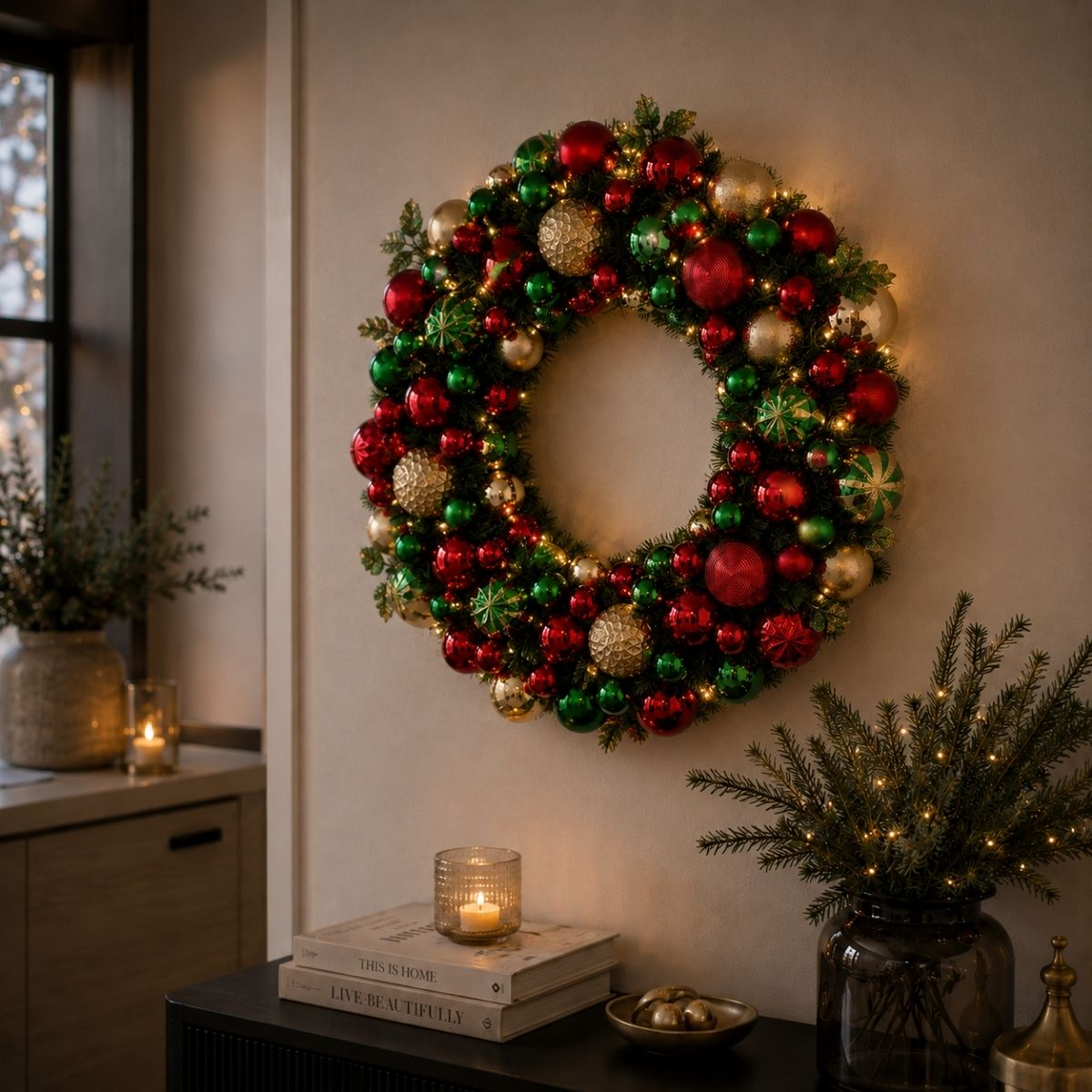 A festive Christmas wreath with red, green, and gold ornaments hangs on a wall above a table with a lit candle.