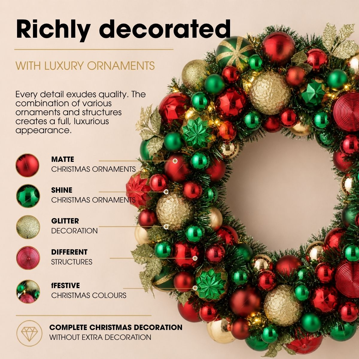 Luxurious Christmas wreath with red, green, and gold baubles and various textures on a beige background.