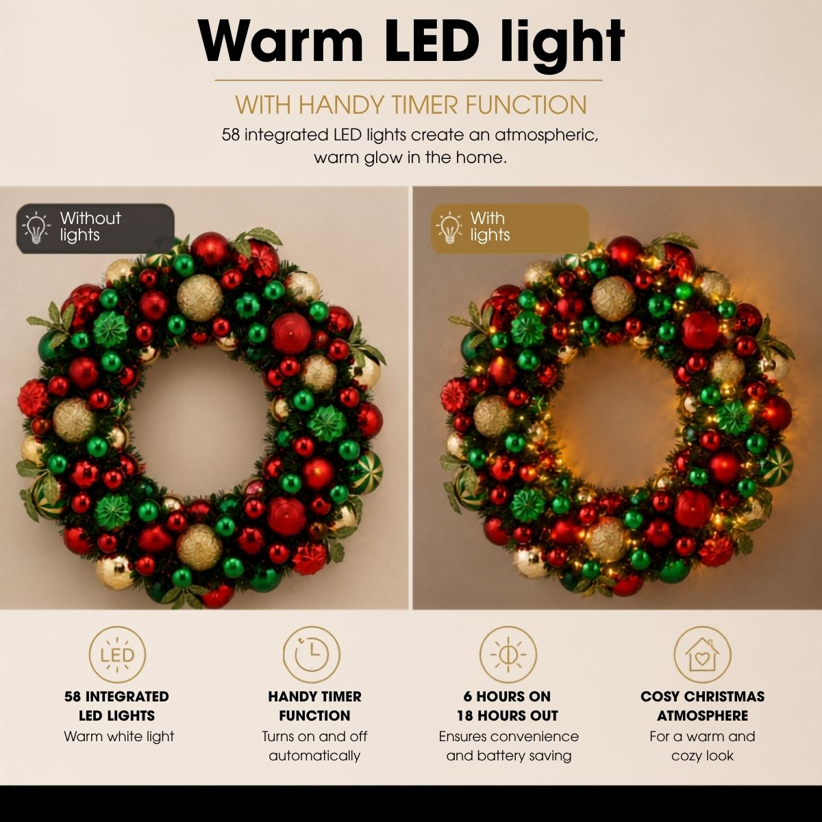 Comparison of a Christmas wreath with and without integrated warm LED lights, featuring a timer function.