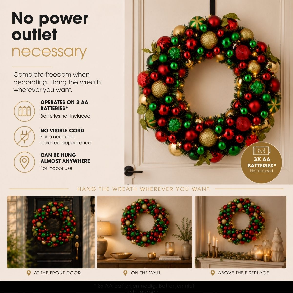 A decorative Christmas wreath with red, green, and gold ornaments, shown hanging in various indoor locations.