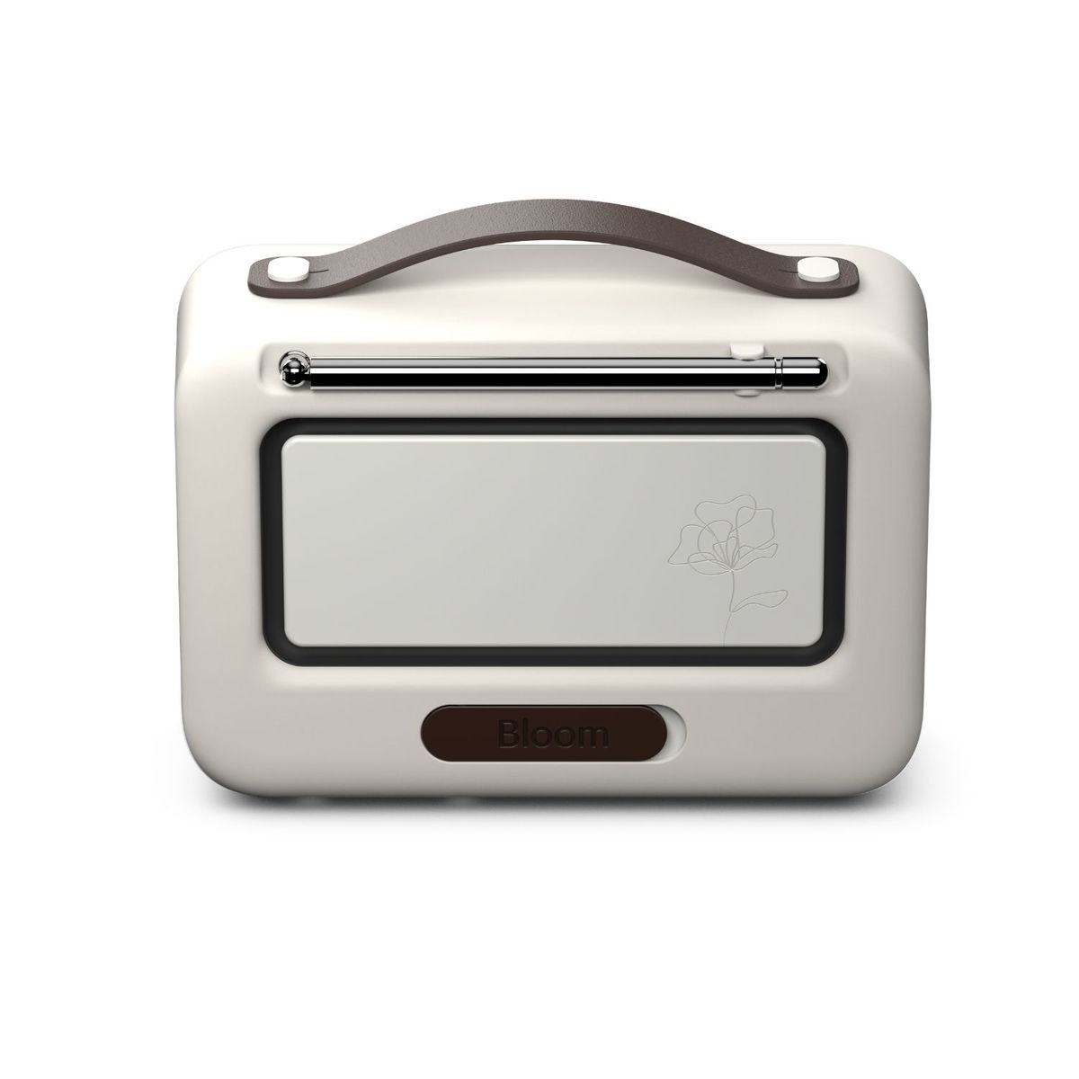 Radio portátil retro beige con asa marrón, antena metálica y un dibujo de flor en la pantalla.