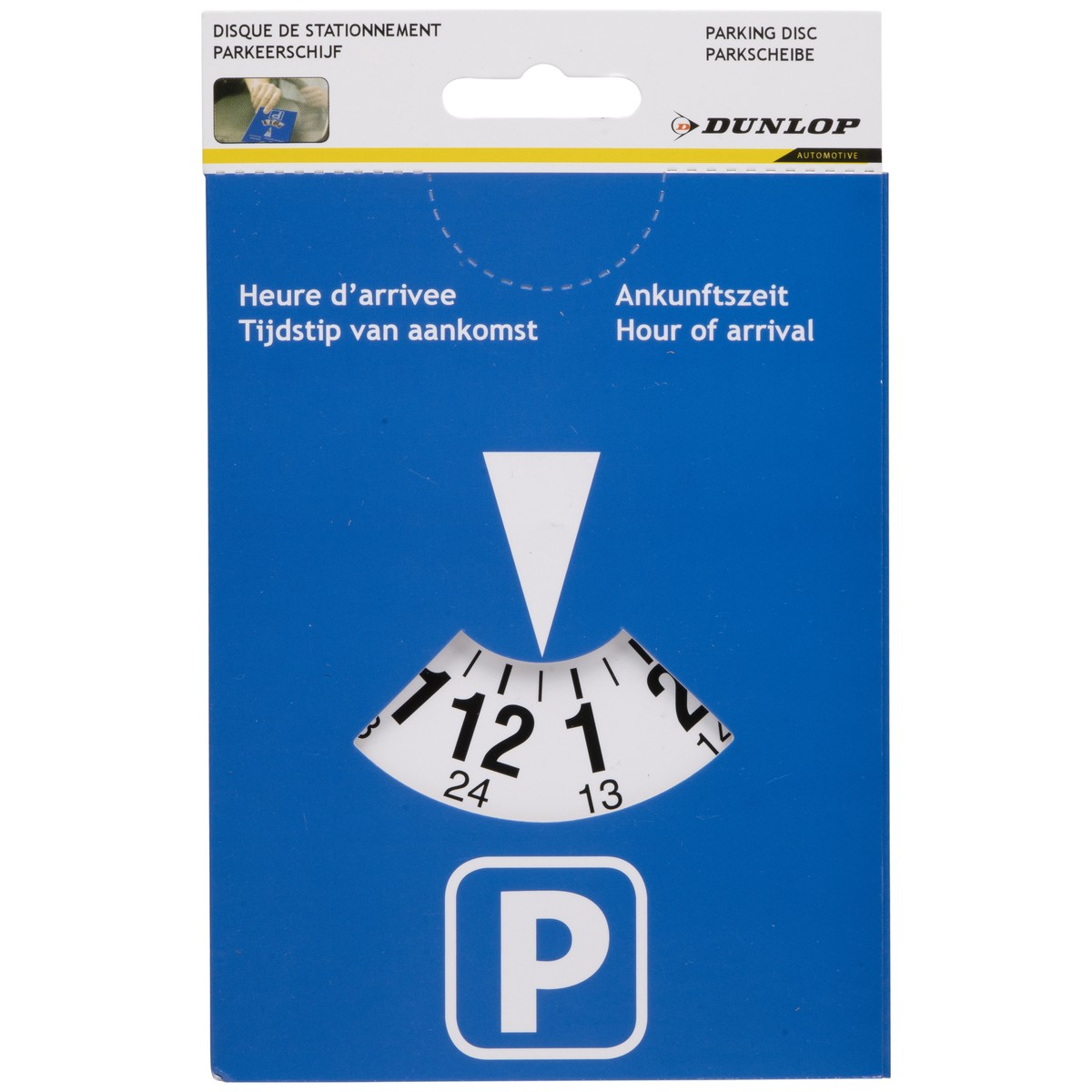 Blue Dunlop parking disc in packaging with white numbers and a P symbol.