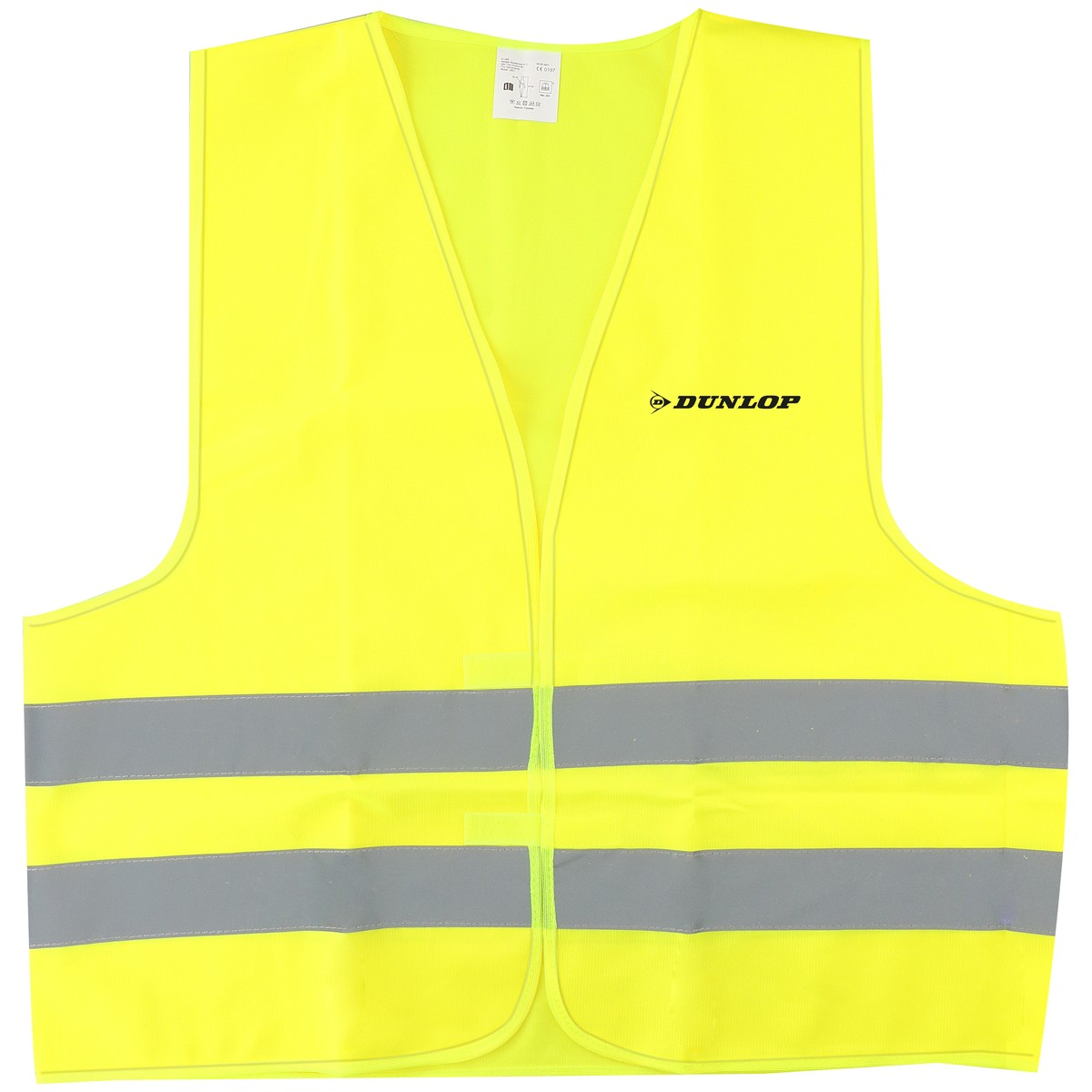 Bright yellow high-visibility safety vest with two reflective stripes and black Dunlop logo on the chest.
