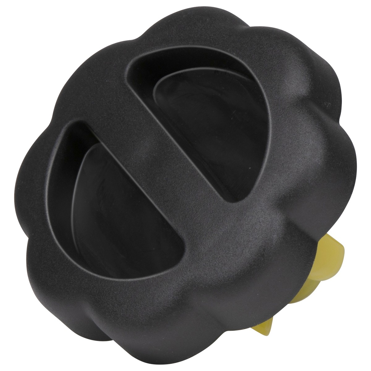 Black, wavy plastic knob with two recessed grip areas and a yellow base on a white background.
