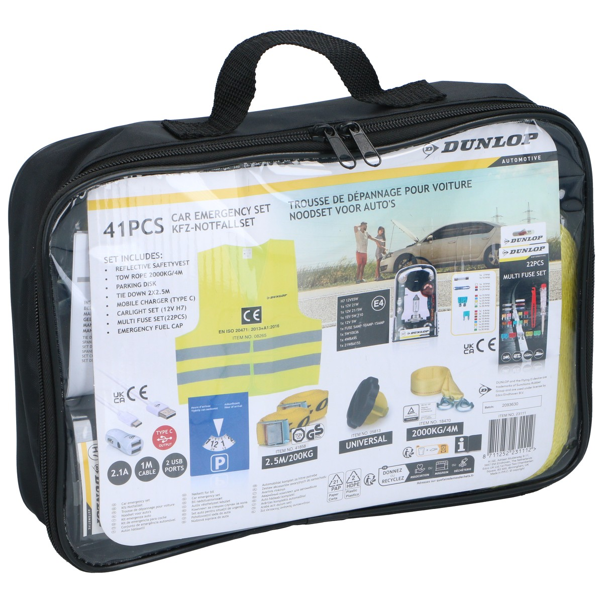 A black Dunlop car emergency kit bag containing a reflective vest, tow rope, and fuses, visible through clear plastic.