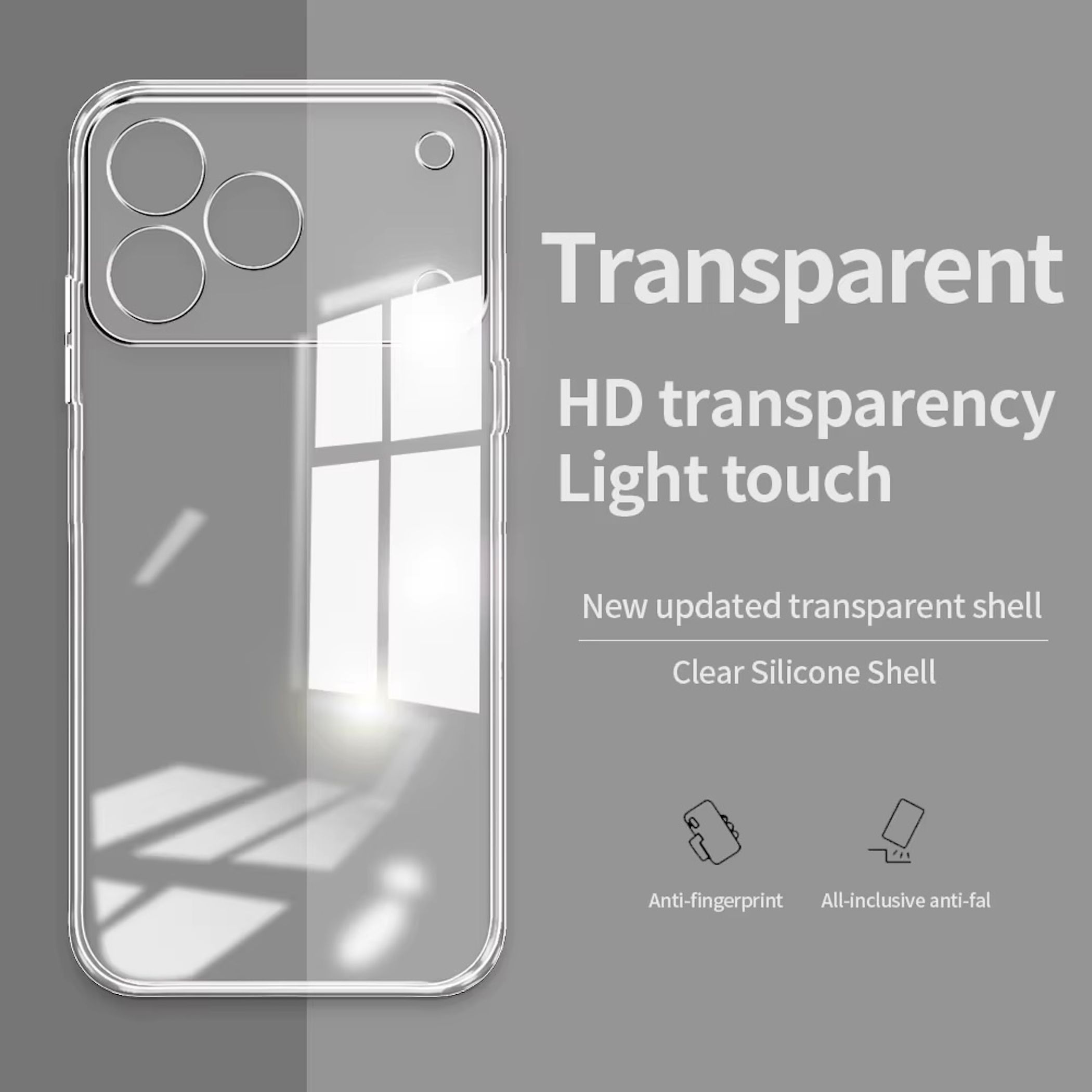 Transparente Handyhülle mit Kameraausschnitt vor grauem Hintergrund mit Text.