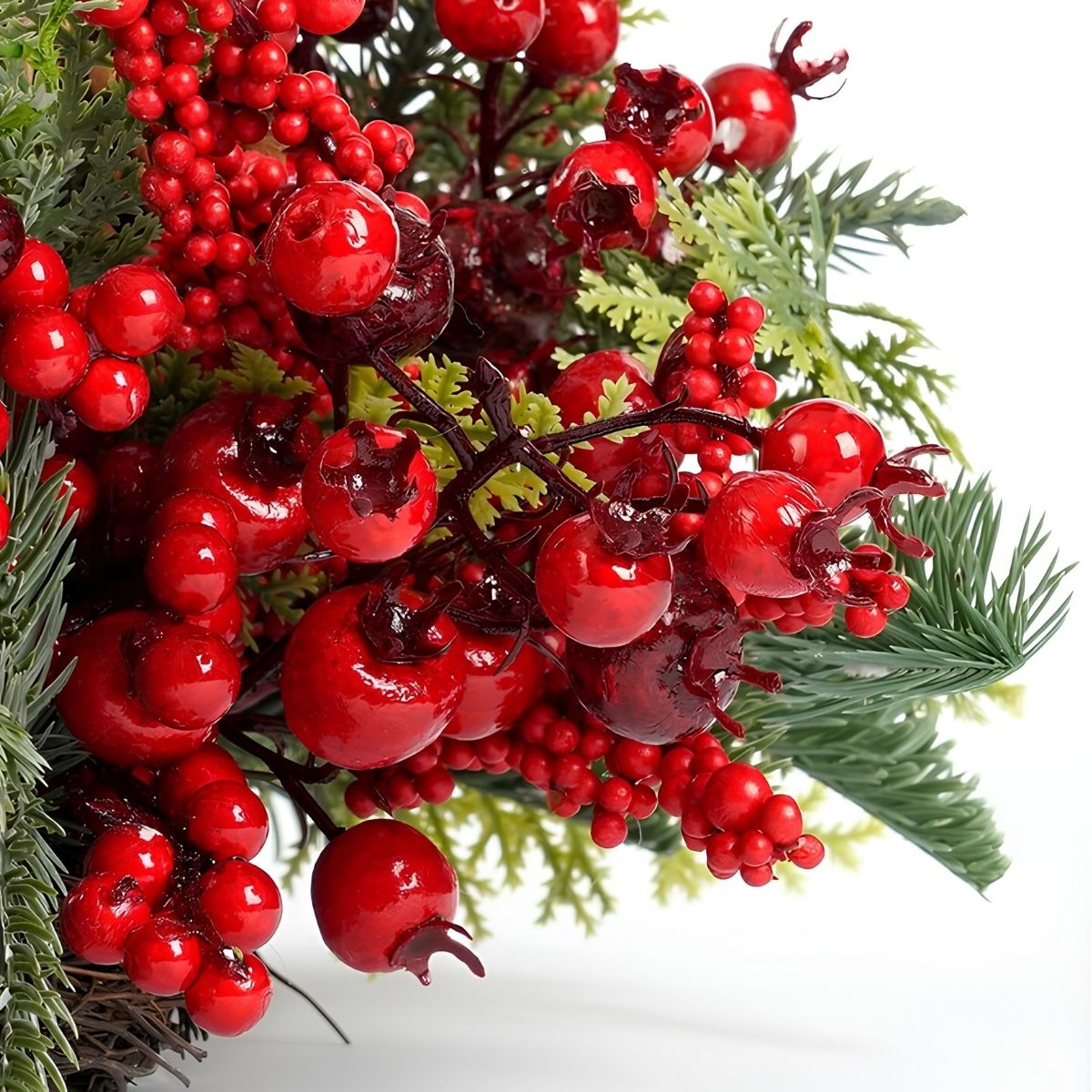Baies rouges brillantes et branches de pin vertes sur fond blanc.