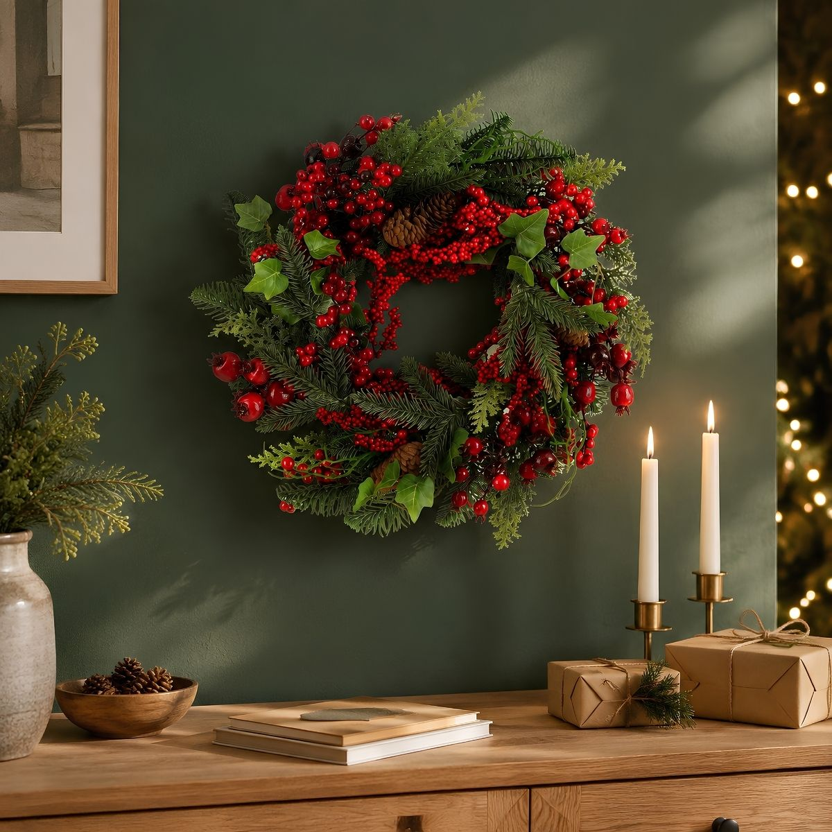 Couronne de Noël avec pin et baies rouges accrochée à un mur vert au-dessus d'une table en bois.