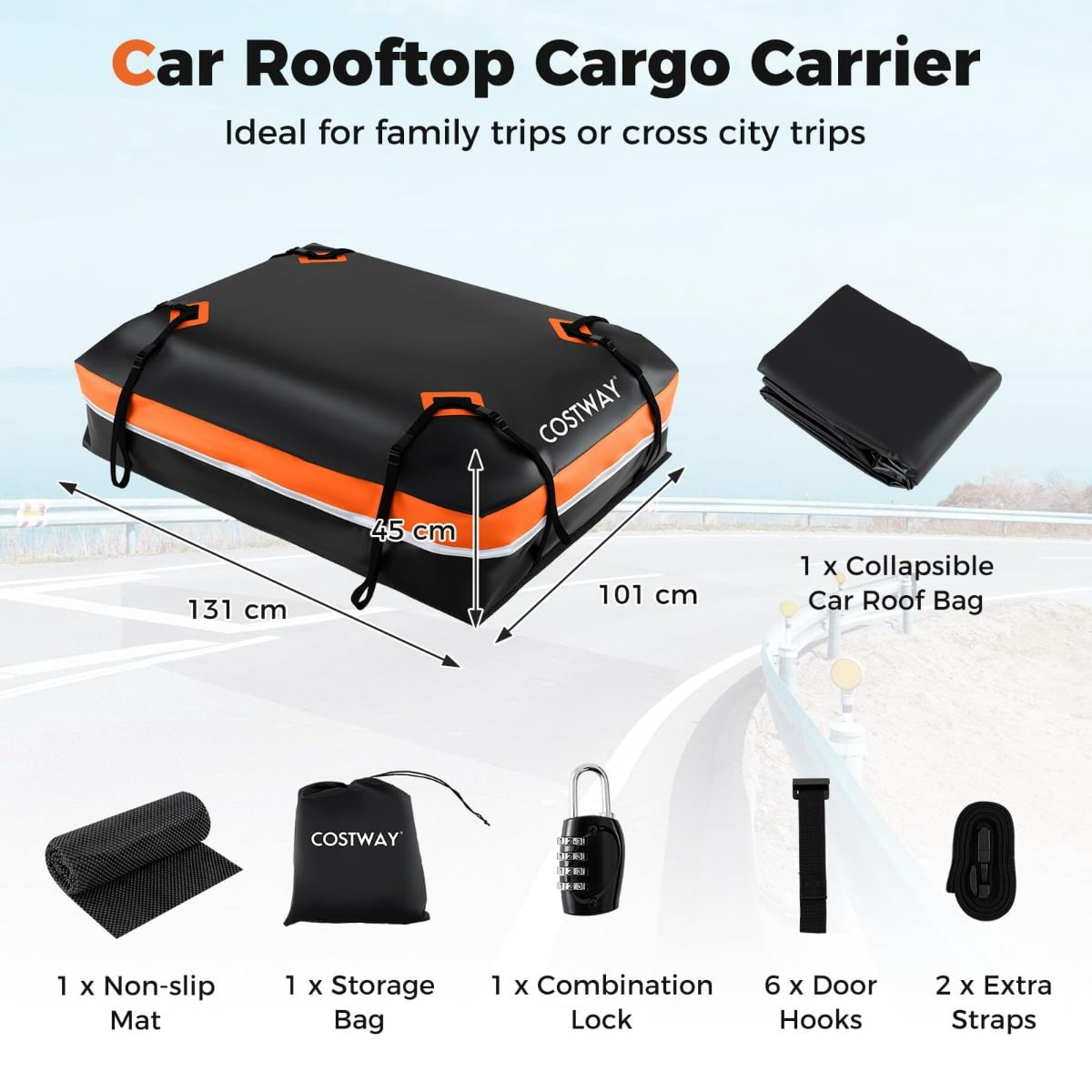 Black and orange car rooftop cargo carrier with dimensions, shown with its included accessories like a mat, lock, and straps.