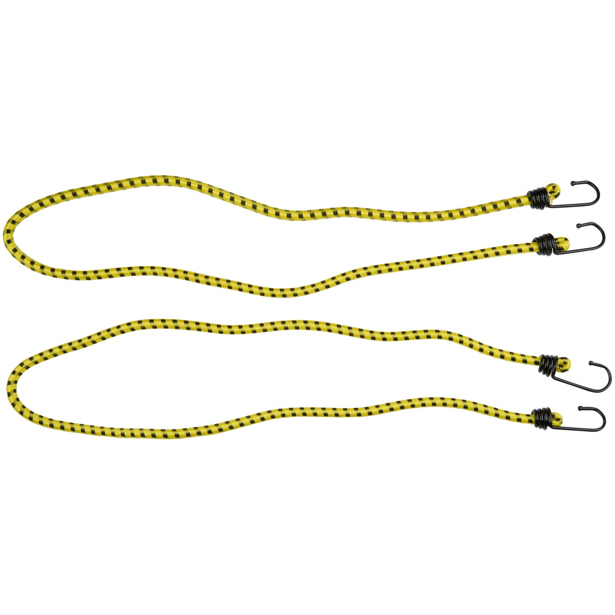 Deux sandows jaunes et noirs avec des crochets métalliques noirs sur fond blanc.