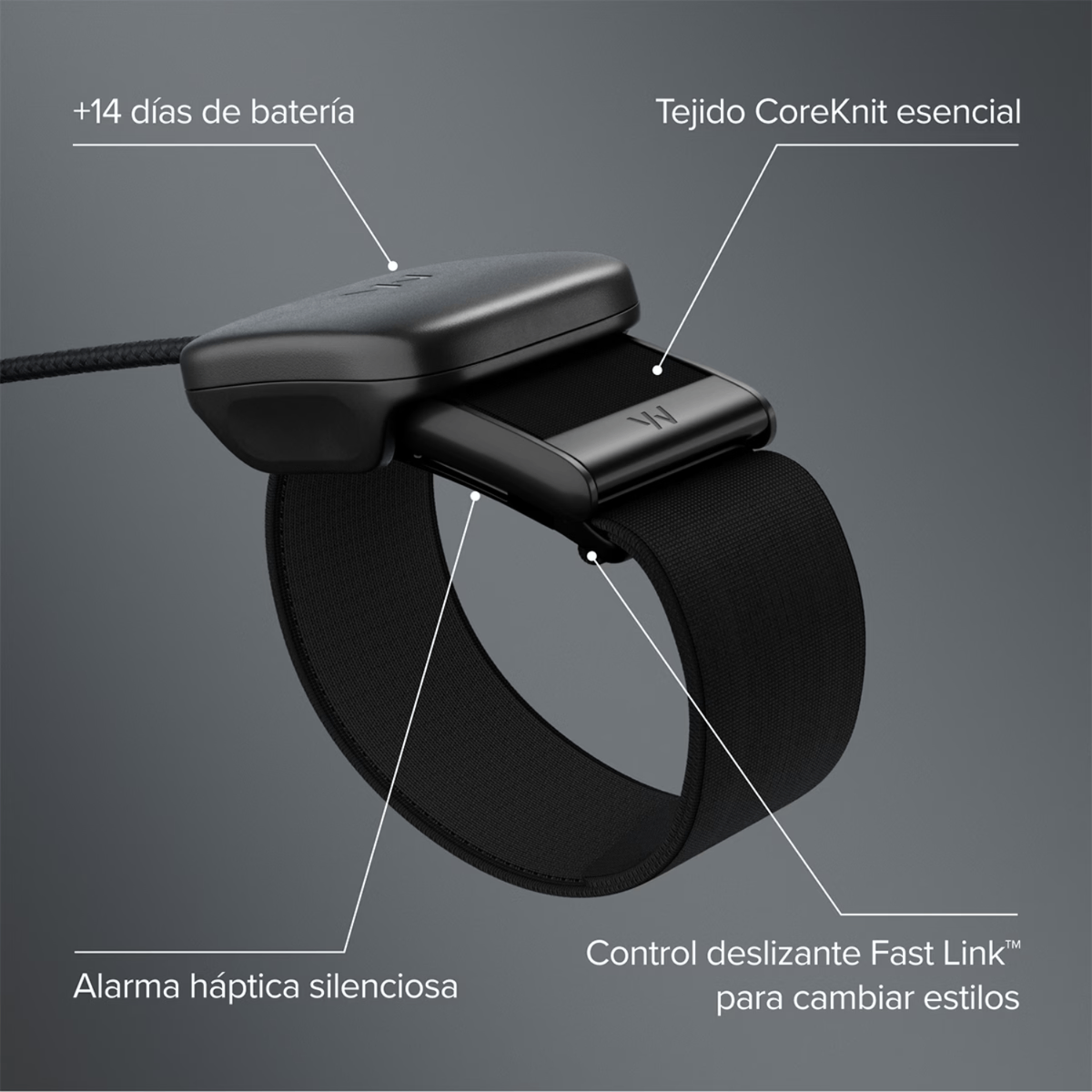 Una pulsera de actividad negra con etiquetas que destacan la batería, tela, alarma y control deslizante.