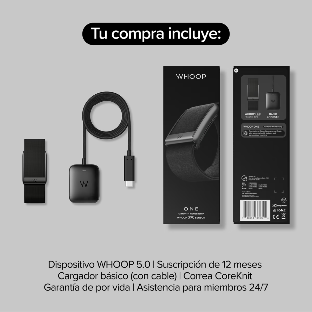 Set Whoop 5.0 con correa, cable de carga y caja negra.