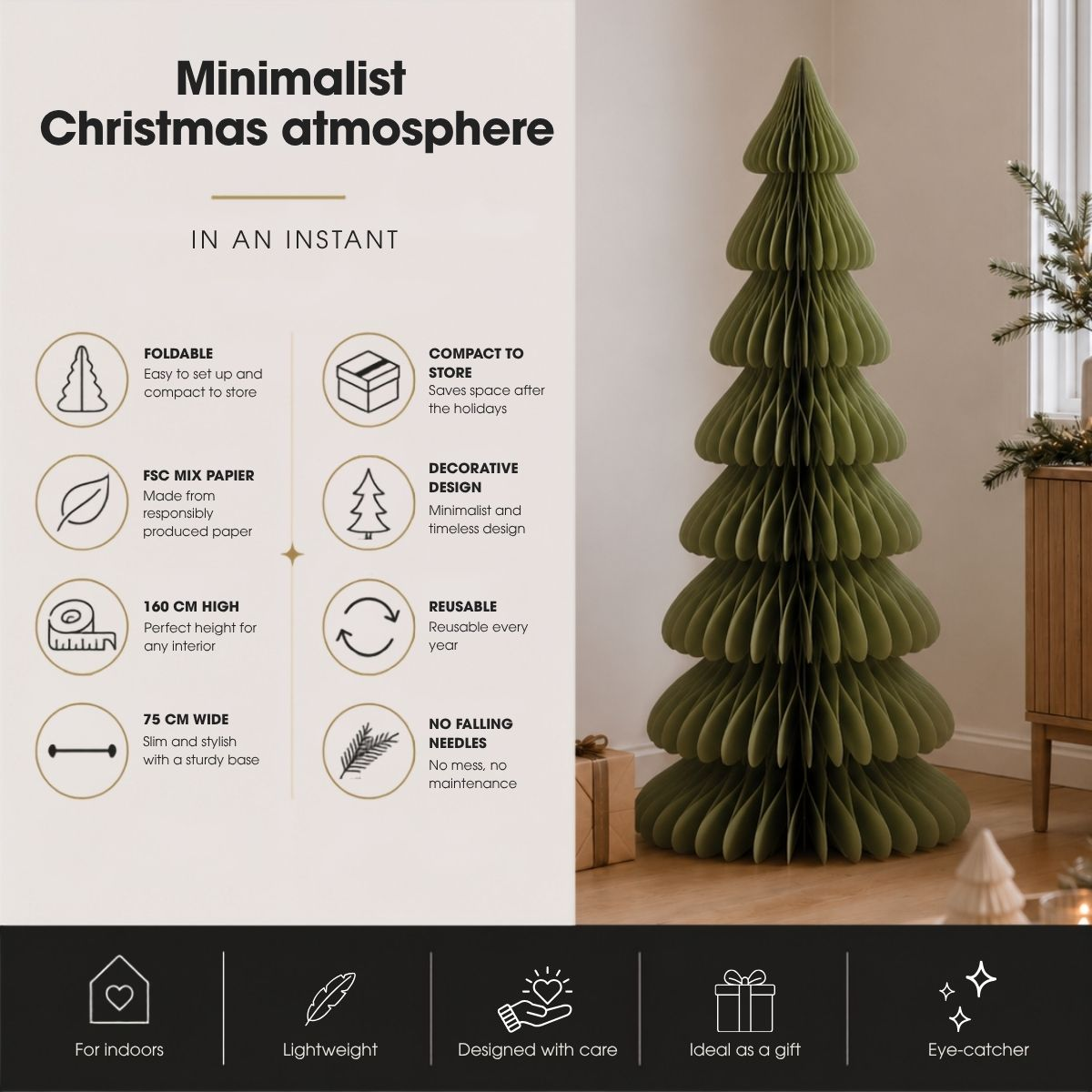 A foldable green paper Christmas tree in a modern room, with feature text and icons.