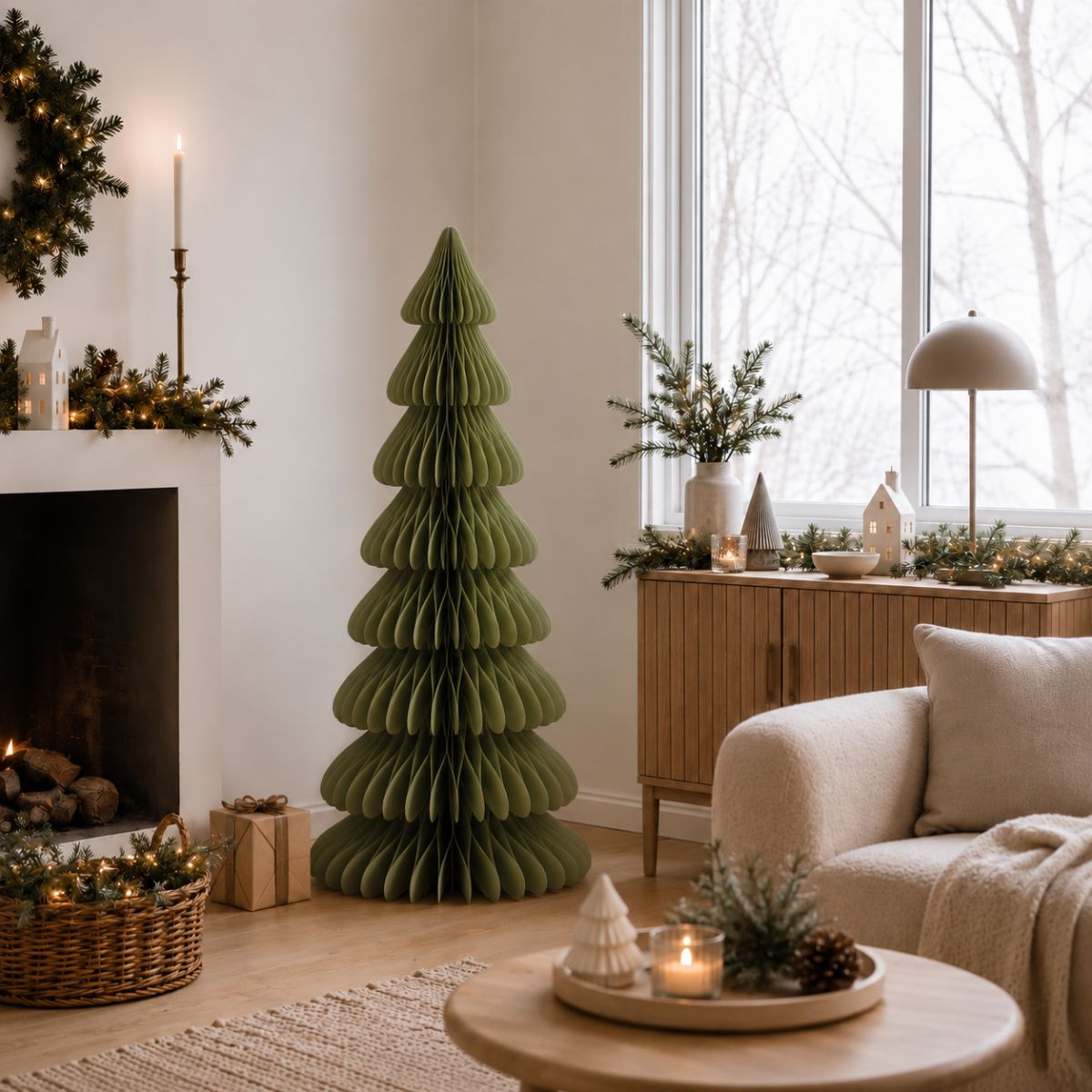 A cozy living room with Christmas decor, featuring a green paper tree and fireplace.