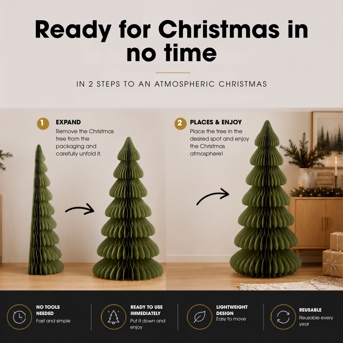 Instructions in two steps to set up a green paper Christmas tree.