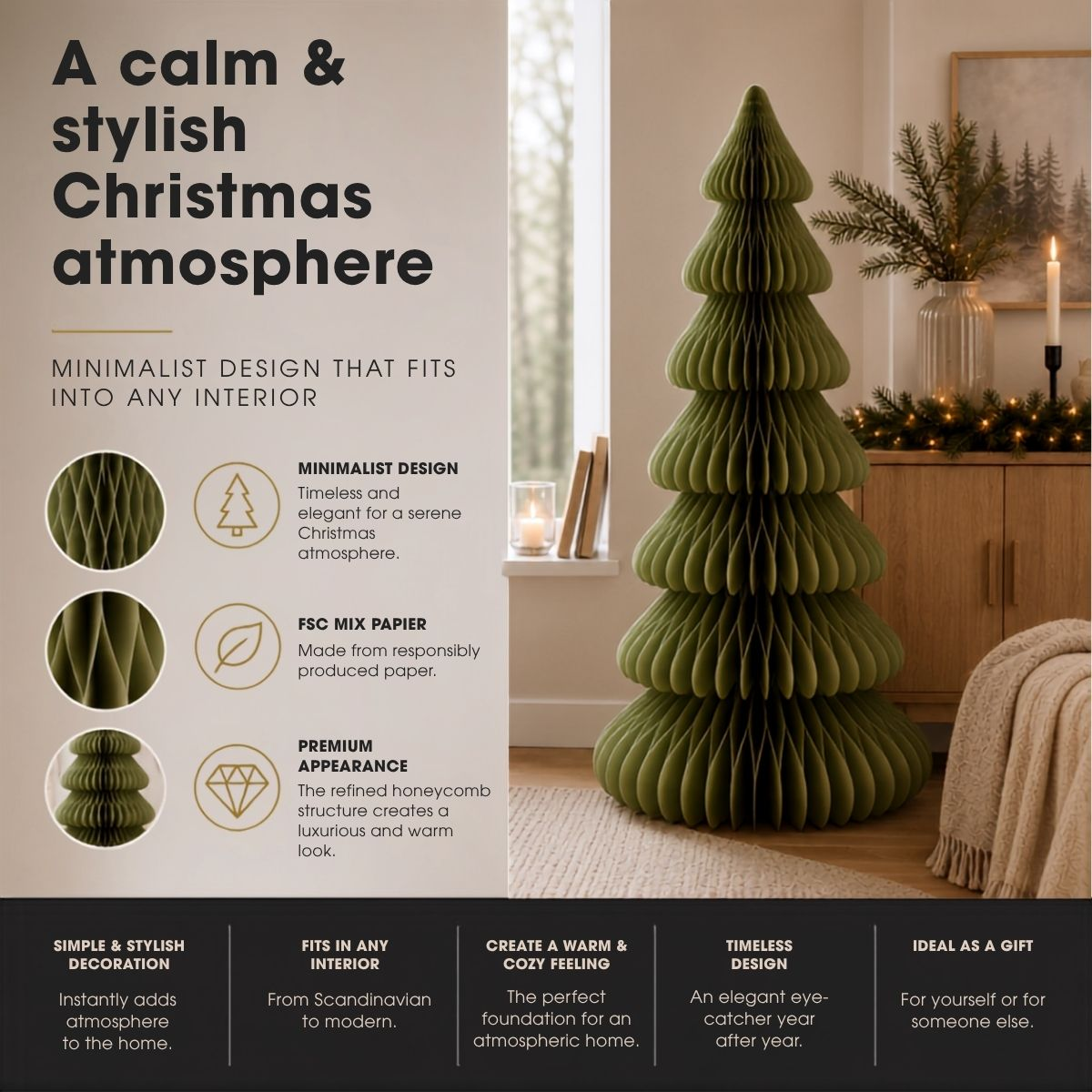 A green paper Christmas tree stands in a modern, cozy room with text and product features.