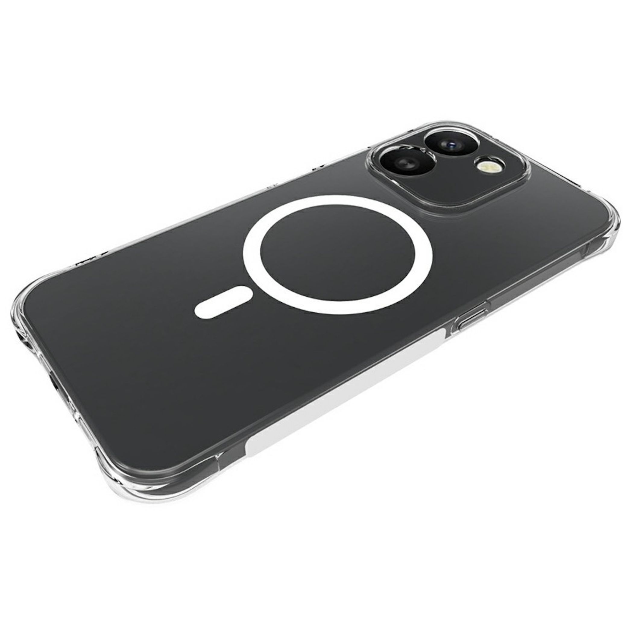 Ein Smartphone in einer klaren Schutzhülle mit weißem MagSafe-Ring auf der Rückseite.