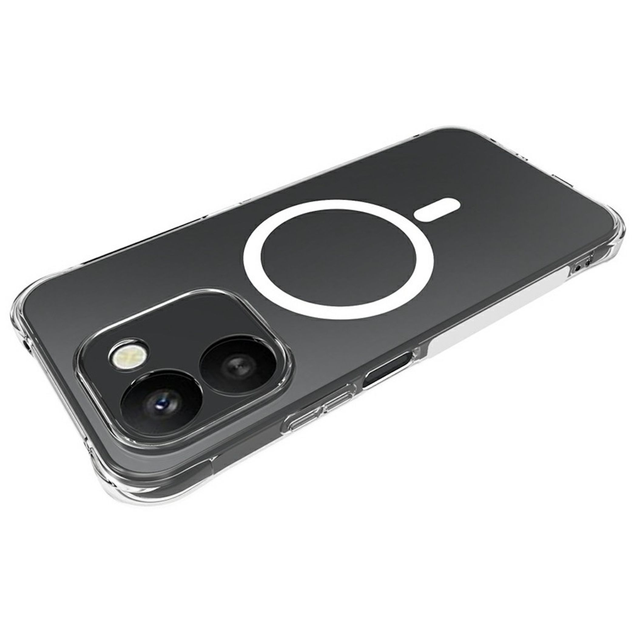 Eine transparente Smartphone-Hülle mit MagSafe-Ring und Kamera-Aussparung auf weißem Hintergrund.
