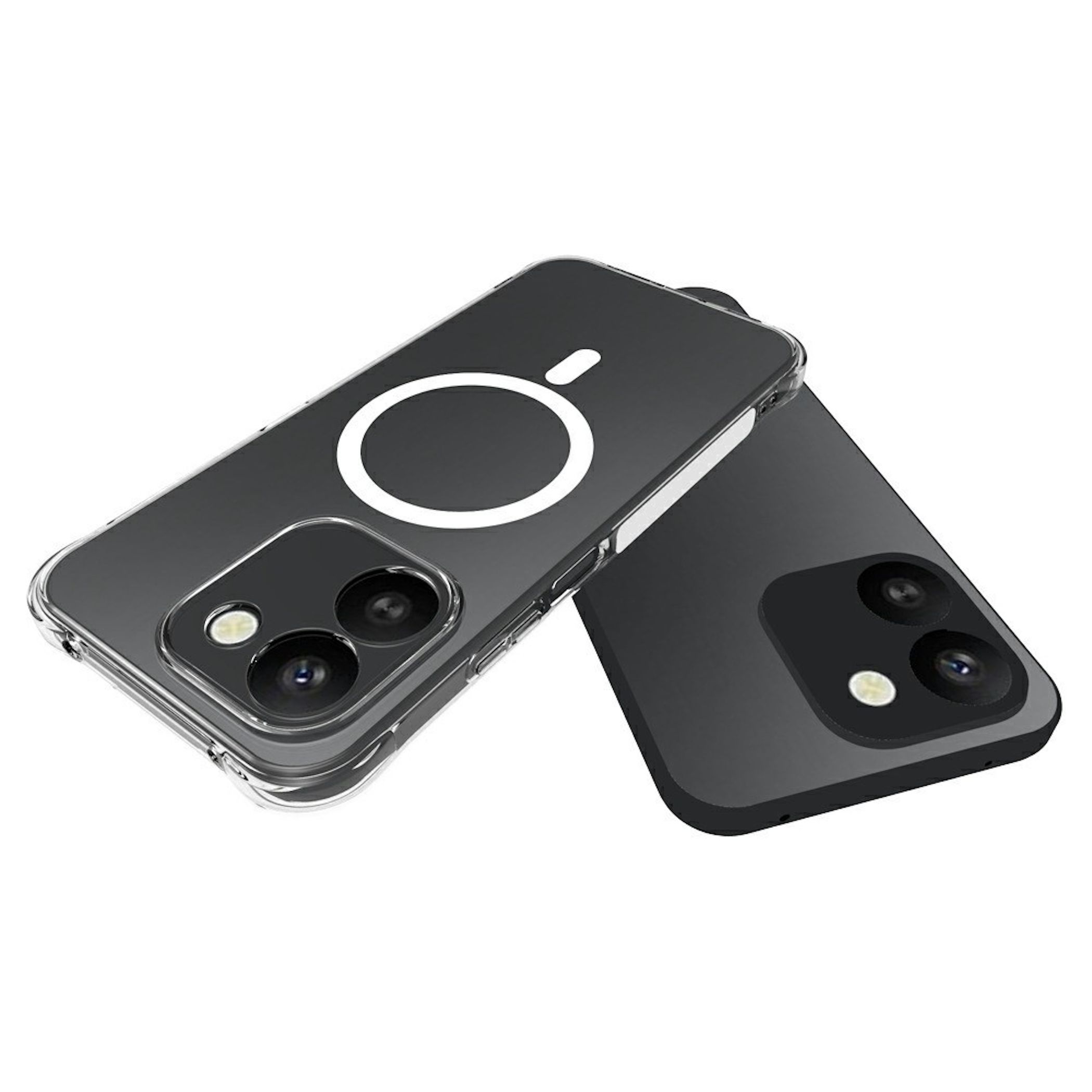 Zwei schwarze Smartphones: eines in einer klaren MagSafe-Hülle und eines ohne, beide zeigen ihre Kameramodule.