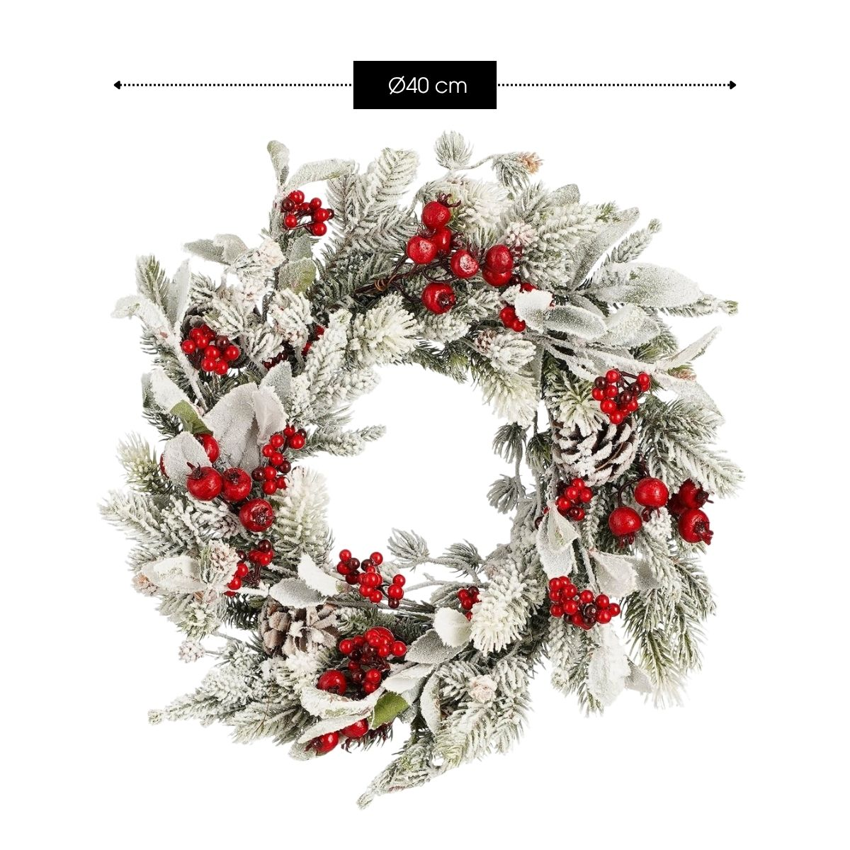 A frosted 40 cm Christmas wreath featuring pine greenery, red berries, and pinecones.